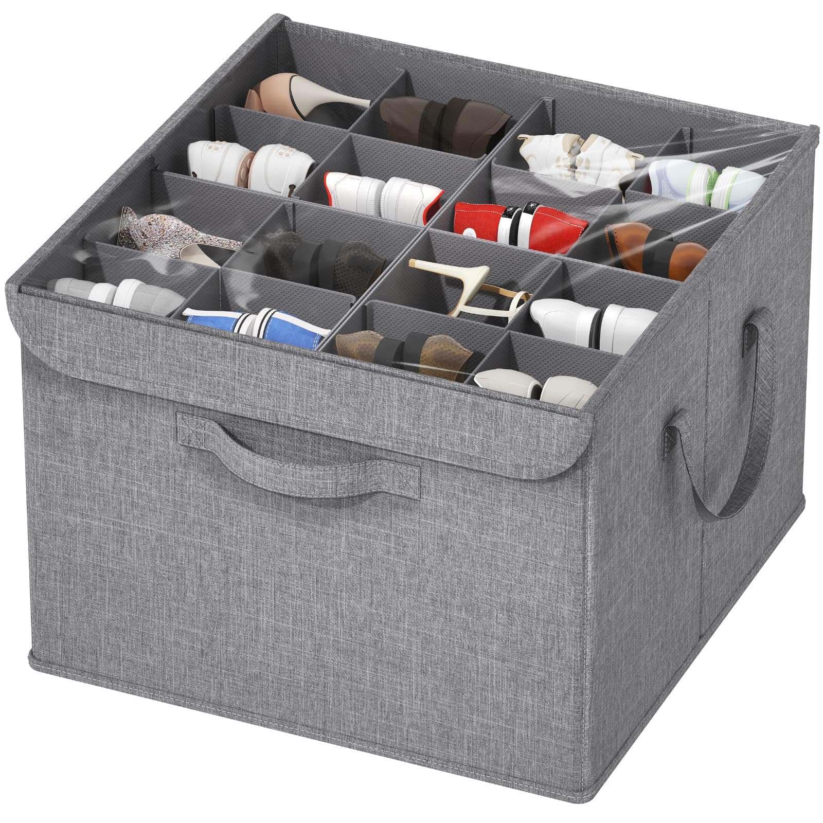 Lifewit Scatola Scarpiera da Armadio, Organizer Scarpe Pieghevole, Divisori Regolabili con Coperchio Trasparente, Porta Scarpe con Supporto Inferiore e Manici Rinforzati, Grigio, 4-16 Paia