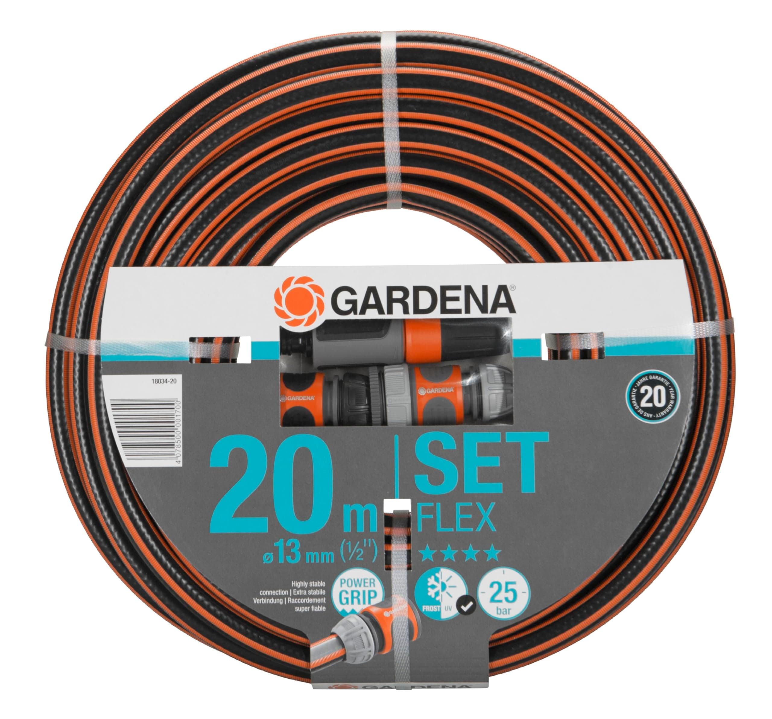 Gardena Comfort FLEX Schlauch 13 mm (1/2 Zoll), 20 m mit Systemteilen: Formstabiler, flexibler Gartenschlauch mit Power-Grip-Profil, aus hochwertigem Spiralgewebe, 25 bar Berstdruck (18034-88)