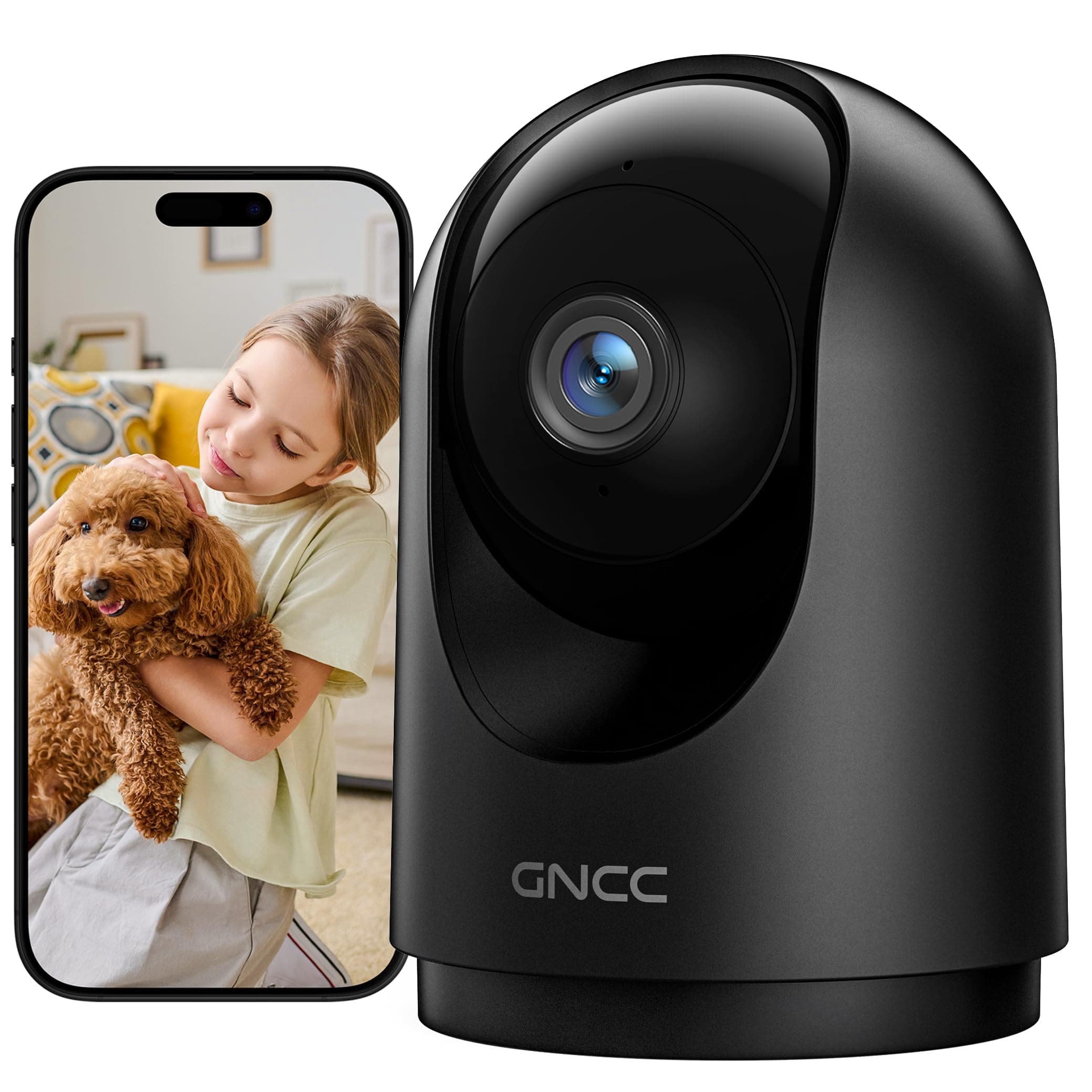GNCC 2K Cámara Vigilancia WiFi Interior para Mascotas, 360° Cámara Vigilancia Domicilio WiFi, Visión Nocturna, Audio Bidireccional, Seguimiento Automatico, Detección de Movimiento y Sonido, 2.4G