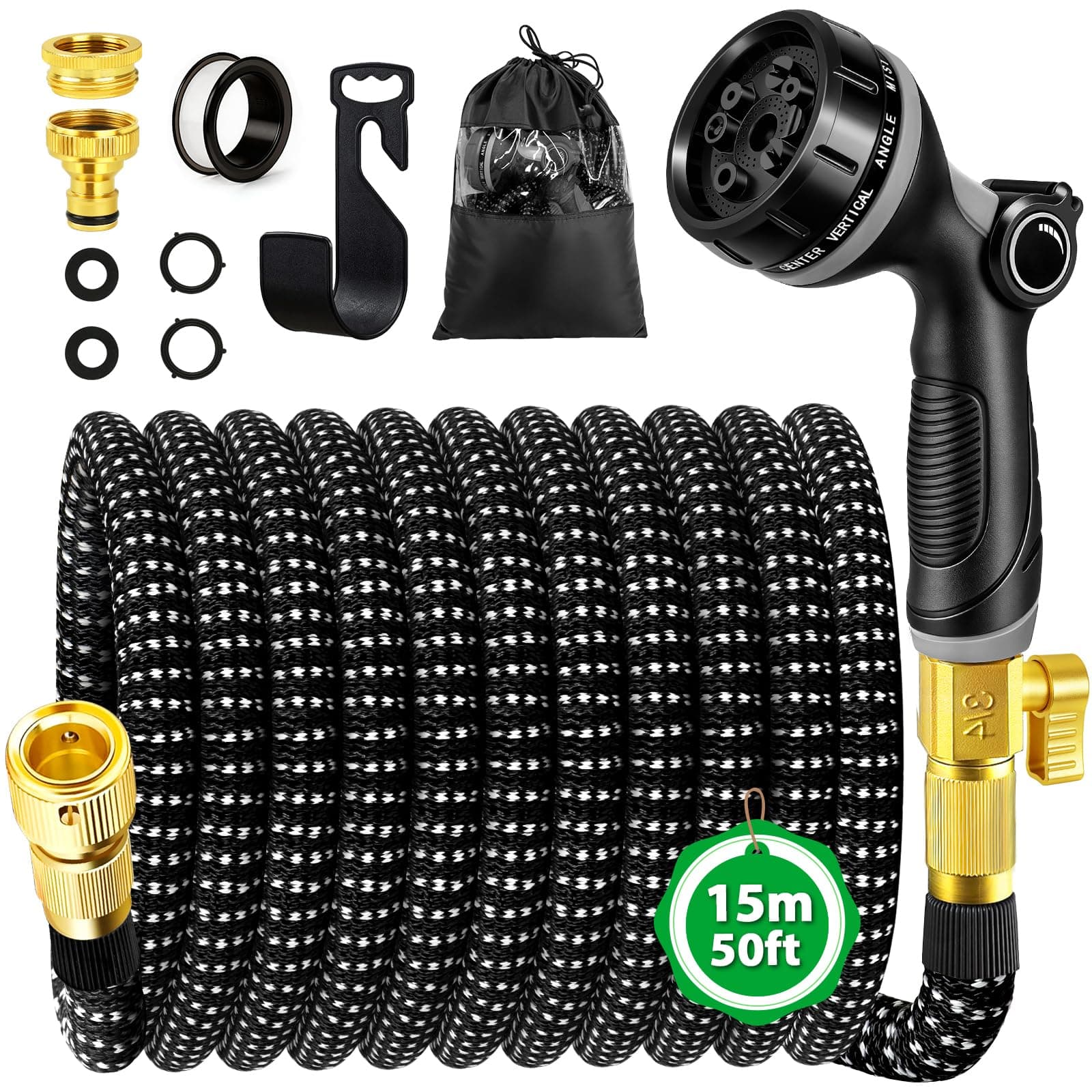 WEVOL Tuyau Arrosage Extensible 15m, Tuyau d'arrosage Retractable avec 1/2" et 3/4" Adaptateur, Tuyaux d'arrosage avec 10 Modèles de Pulvérisation pour Jardin Irrigation Nettoyage Laver la Voiture