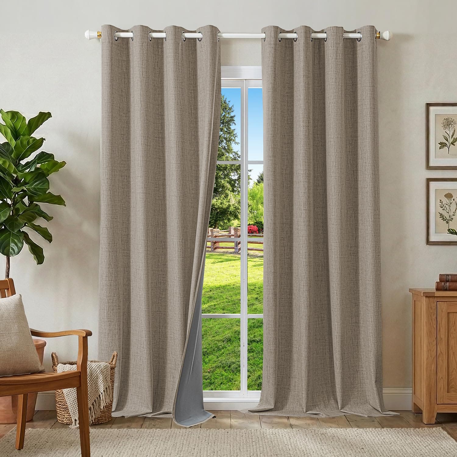 Runyéla 100% Rideau Occultant Thermique Isolant Anti Chaleur 140x245, Lot de 2 Lin Rideaux Fenêtre Opaques à Oeillets Anti Froid UV Bruit, Intérieurs Decoration Dressing Salon Chambre