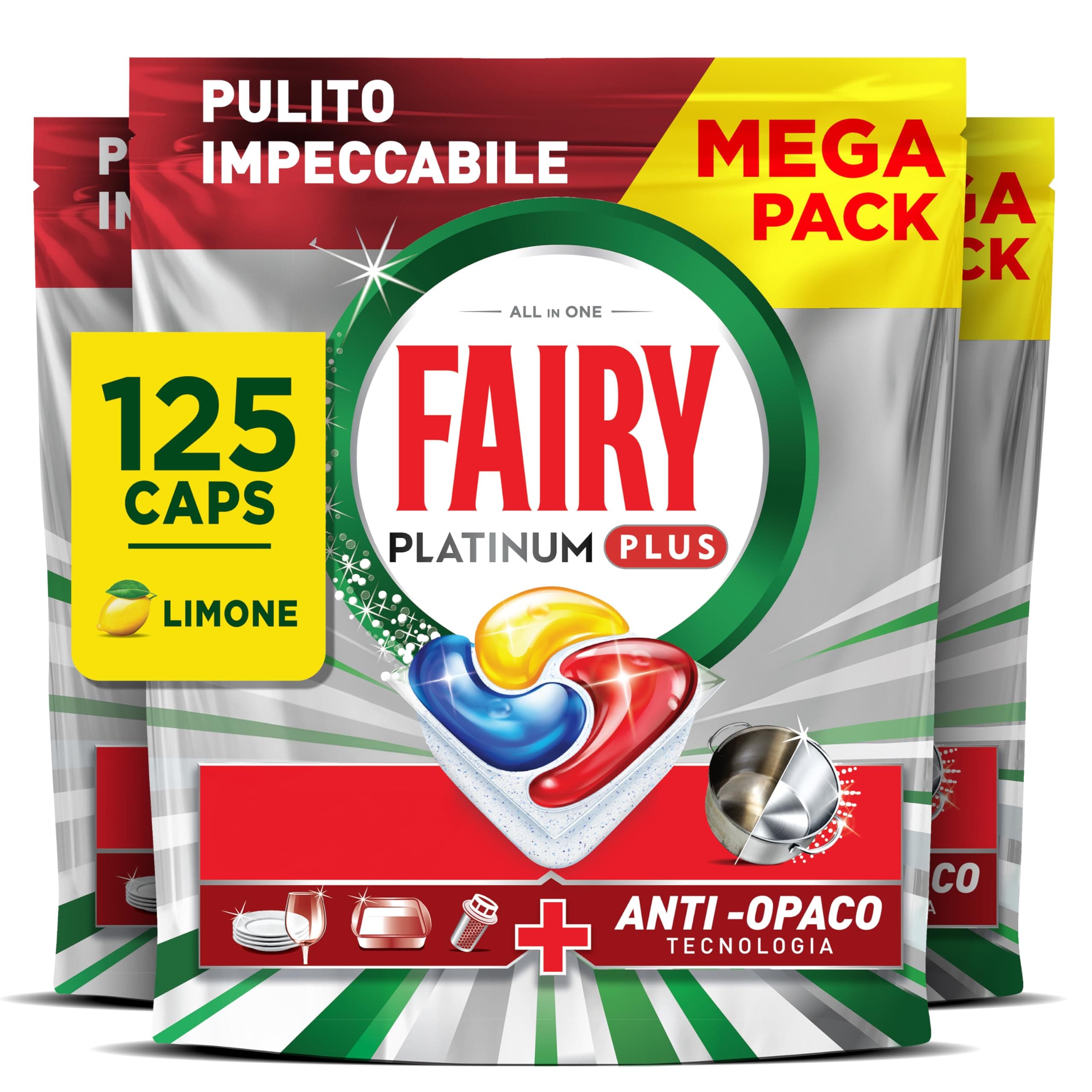 Fairy Platinum Detersivo Pastiglie Lavastoviglie Plus Complete, Brillantante, 125 Capsule, Limone, Tecnologia Anti-Opaco, Contro Il Grasso e le Incrostazioni Ostinate Anche Nei Cicli Brevi