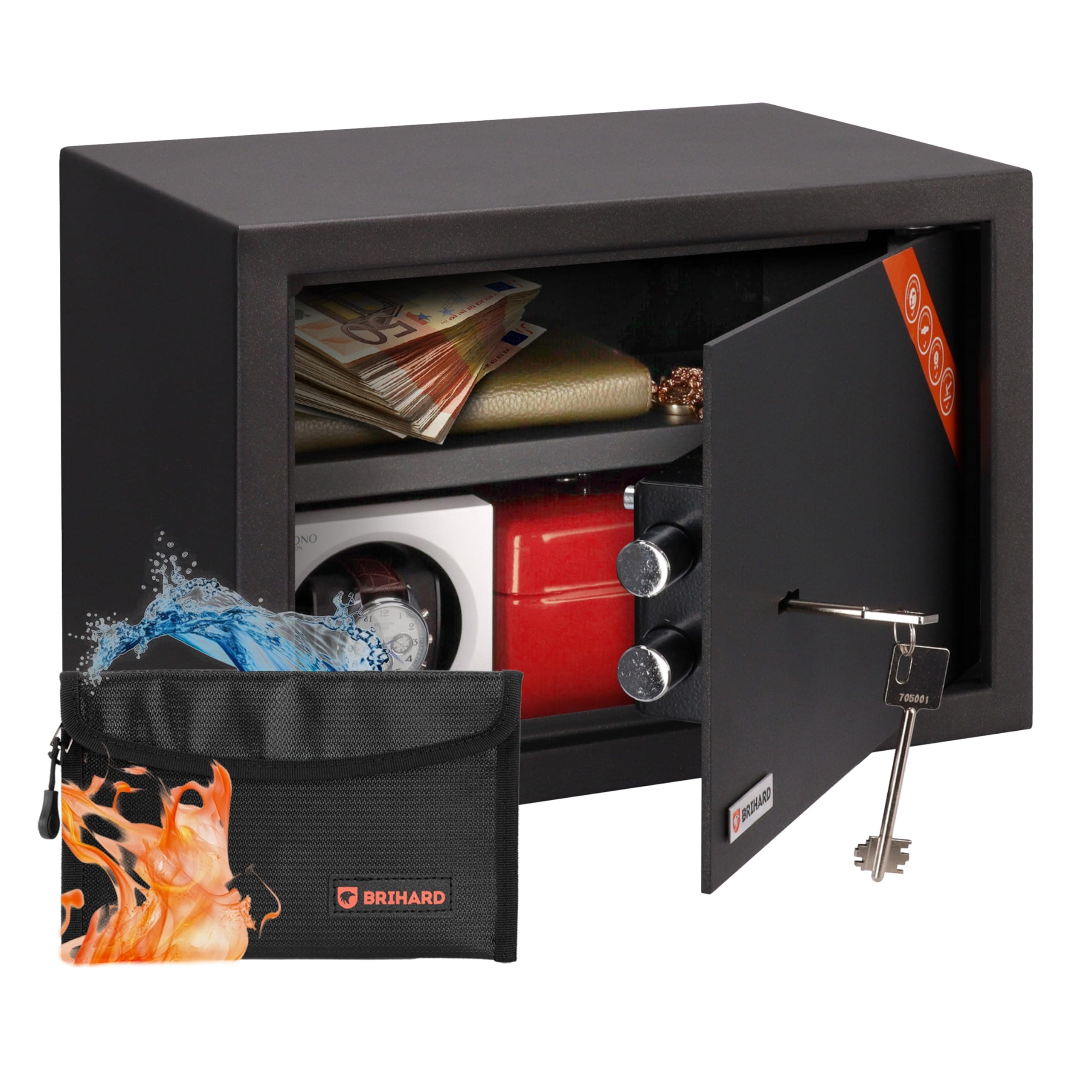 Brihard Family Caja Metálica con Llave de 25x35x25cm con Bolsa Ignífuga, para el Hogar 20L con Estante Extraíble - Se Adapta a A4, Documentos, Joyas, Dinero en Efectivo