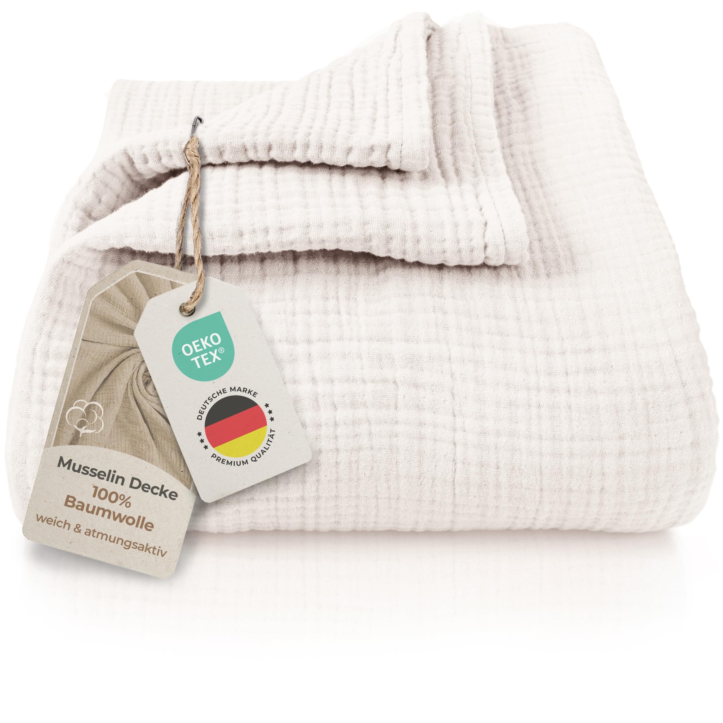 LAYNENBURG Premium Musselin Tagesdecke 150x200 cm - 100% Baumwolle - extraweiche, leichte Sommerdecke als Kuscheldecke, Bett-Überwurf, Baumwolldecke, Couch-Überwurf - warme Sofa-Decke (Creme)