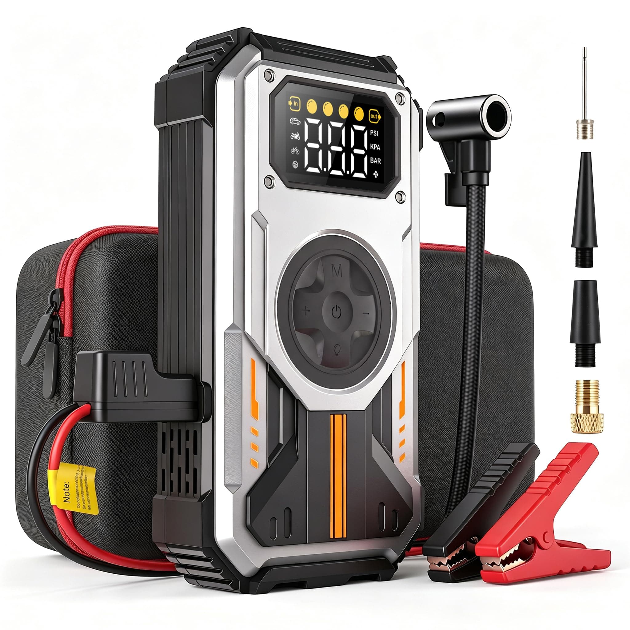 Eigotrav Arrancador de Baterias de Coche 6000A, Compresor de Aire 150 PSI, 7-en-1 Booster Bateria 12V (para 10 L Gasolina o 8.5 L Diesel), Arrancador de Coche con Pantalla LCD, Linterna LED, Plata