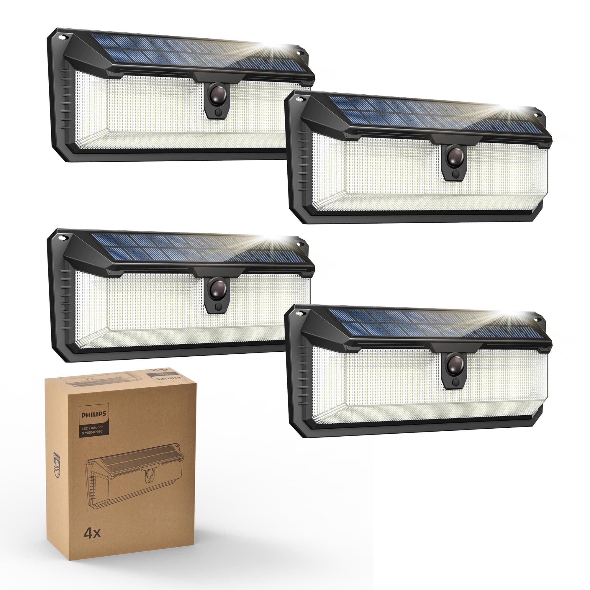 Philips Lampe Solaire Extérieur avec Détecteur, 258 LEDs Sécurité, 3 Modes, Étanche pour Jardin Clôture Garage Lot de 4