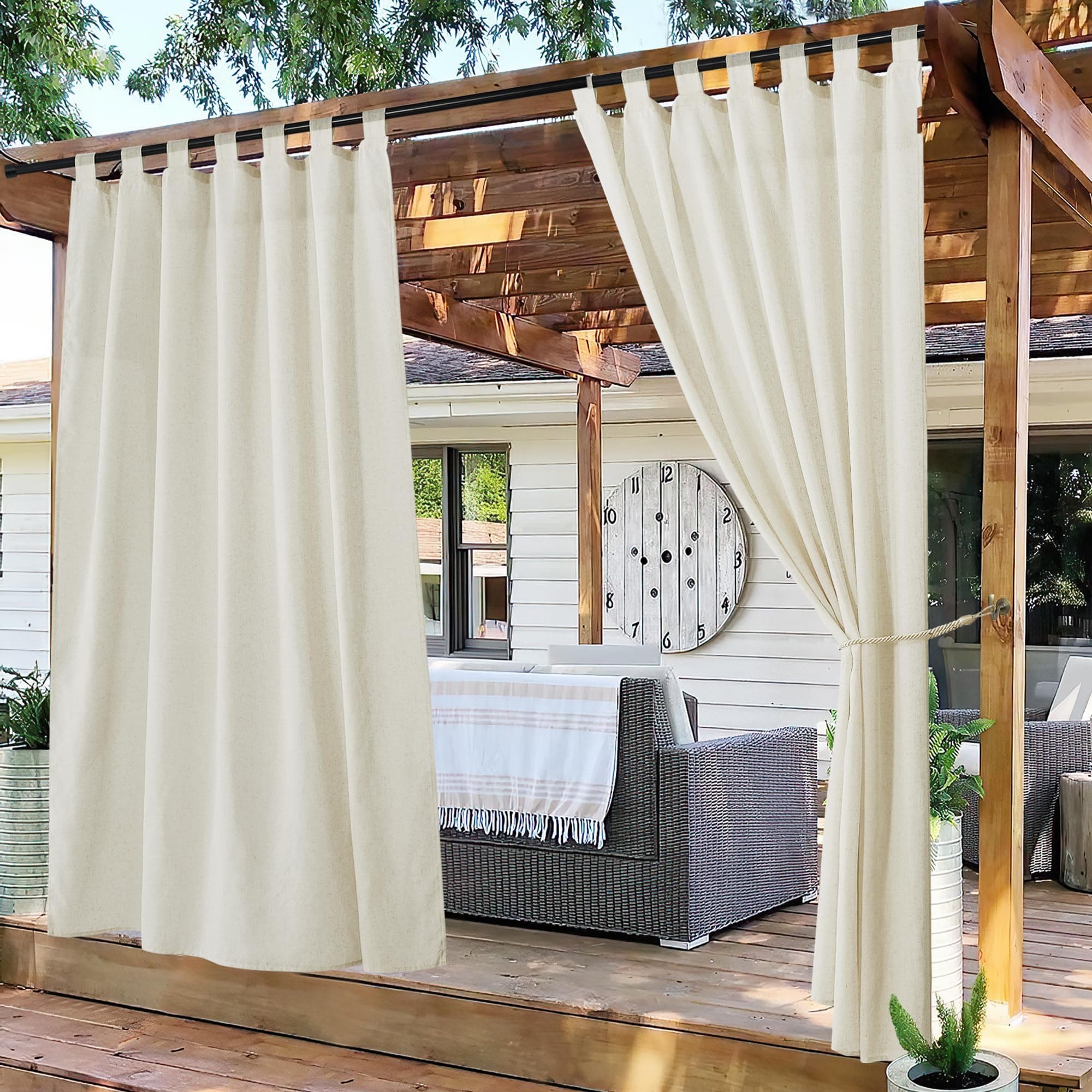 PONY DANCE Outdoor Vorhang Wasserdicht Outdoor Gardinen Leinen Halbtransparent 2er Set Pavillon Vorhänge mit Klettverschluss Boho Outdoorvorhänge für Terrasse/Draußen, H 274 x B 140 cm, Beige