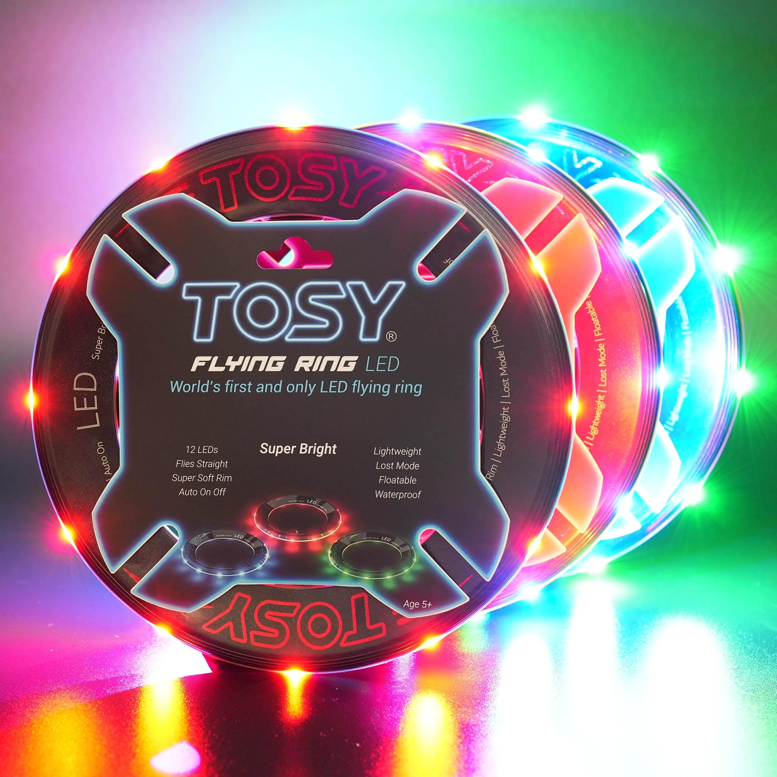 TOSY Flying Ring - 12 Monocolor Leds, superbrillante, Modo perdido, Encendido automático, Regalo de Pascua para niños, Seguro, Impermeable, Juguete para Piscina, Playa y Camping, 3-Pack