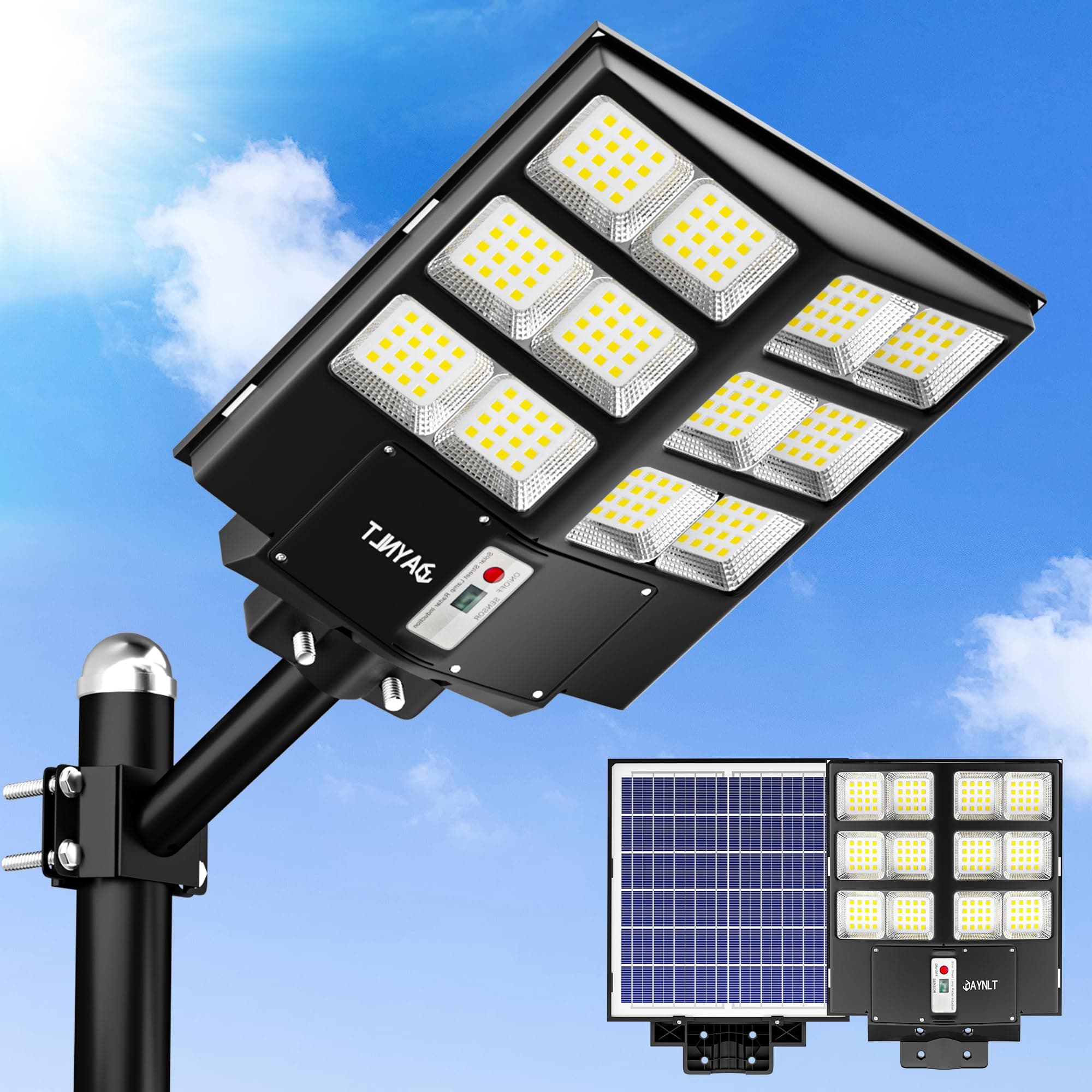 JAYNLT Y-2000W Lampadaire Solaire Exterieur, 6500K Spot Solaire Exterieur avec Télécommande, IP67 Étanche Projecteur Exterieur Puissant avec Detecteur de Mouvement pour Rue, Garage, Parking