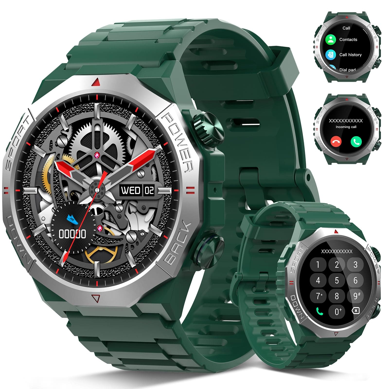 Smartwatch Uomo Militare, Orologio Smart watch con Chiamate Bluetooth,Verde | Tracker Attività con Sonno/Cardiofrequenzimetro, 110+ Modalità Sportive, IP68 Impermeabile per Android iOS