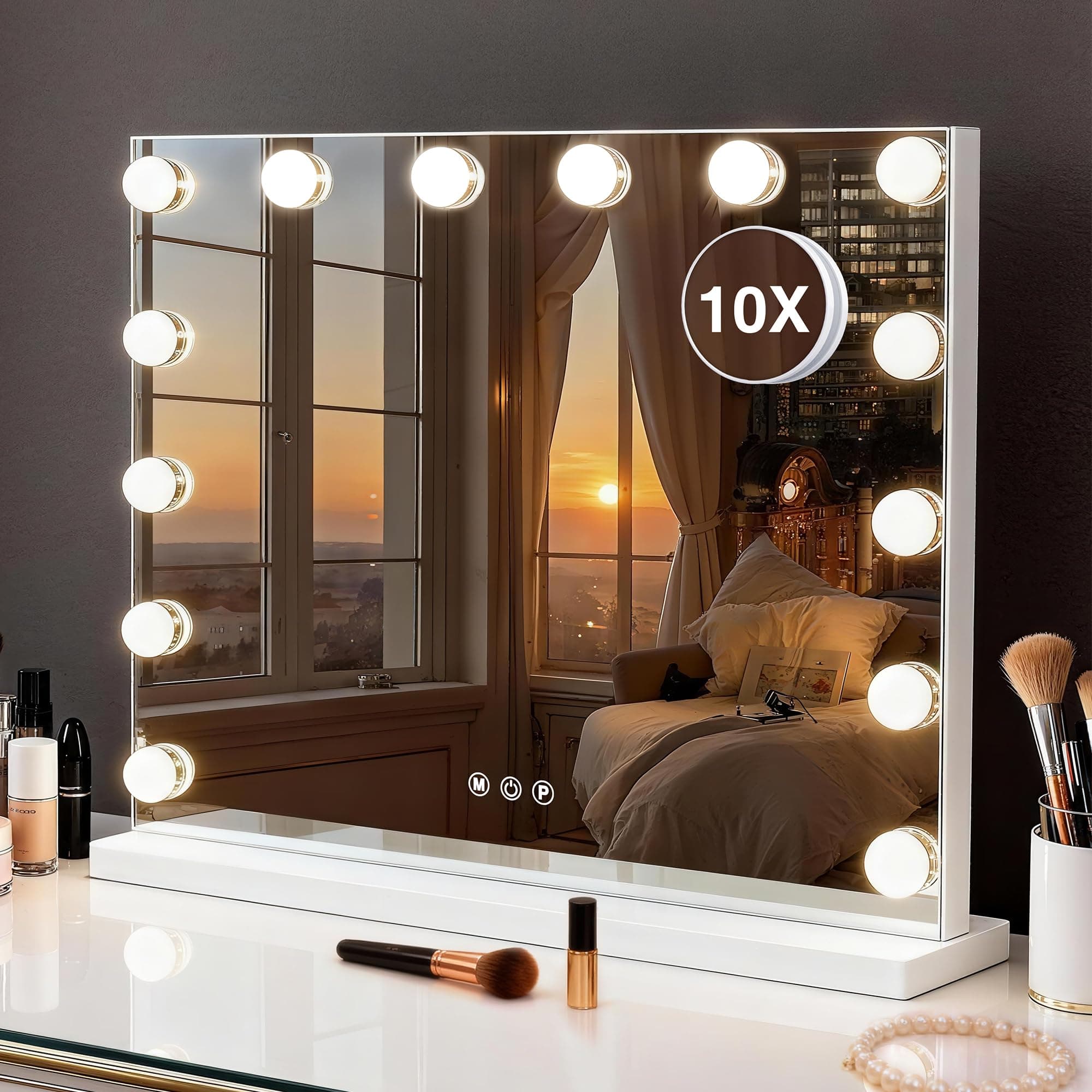 MEKKLEON Miroir cosmétique Hollywood avec 3 Modes de Couleur, Miroir cosmétique éclairé avec Lampes LED à intensité Variable et grossissement 10x pour Bureau (52 cm x 40 cm)
