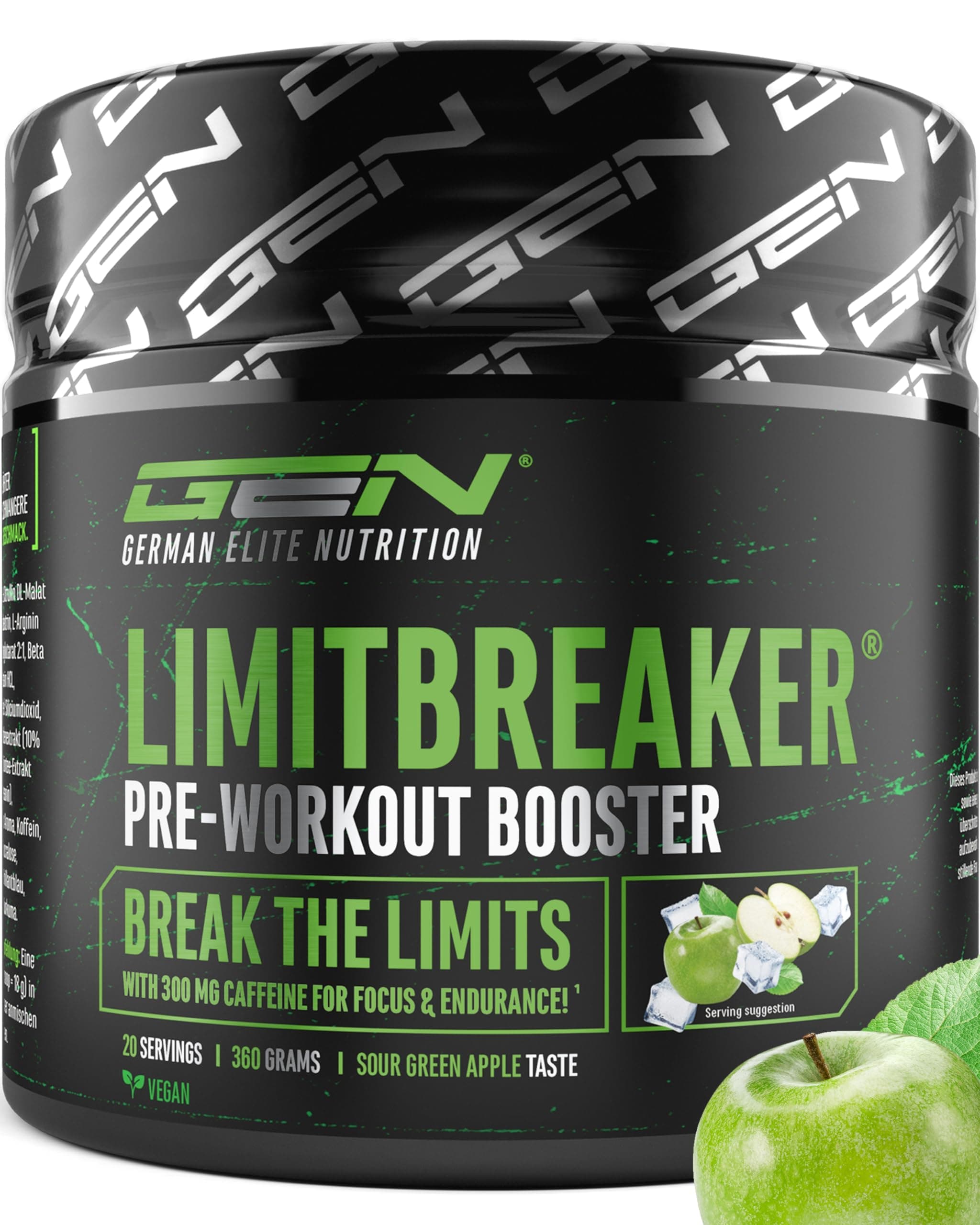 LIMITBREAKER® Pre Workout Booster avec Caféine 300 mg - Goût Pomme Verte Acide - avec L Citrulline, AAKG, Bêta Alanine & L Théanine - Haut Dosage - 360 g Poudre 20 Portions - Végan