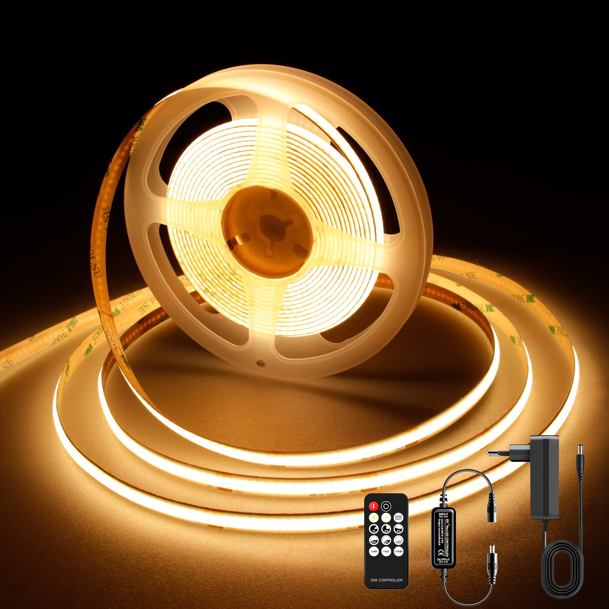 Striscia LED COB 5 metri 24V, Striscia LED Bianco caldo 2700K, 320LEDs/m, Larghezza 8mm, CRI90+, con Alimentatore, Telecomando RF, LED Striscia per Cucina, Soggiorno, Feste, Bar
