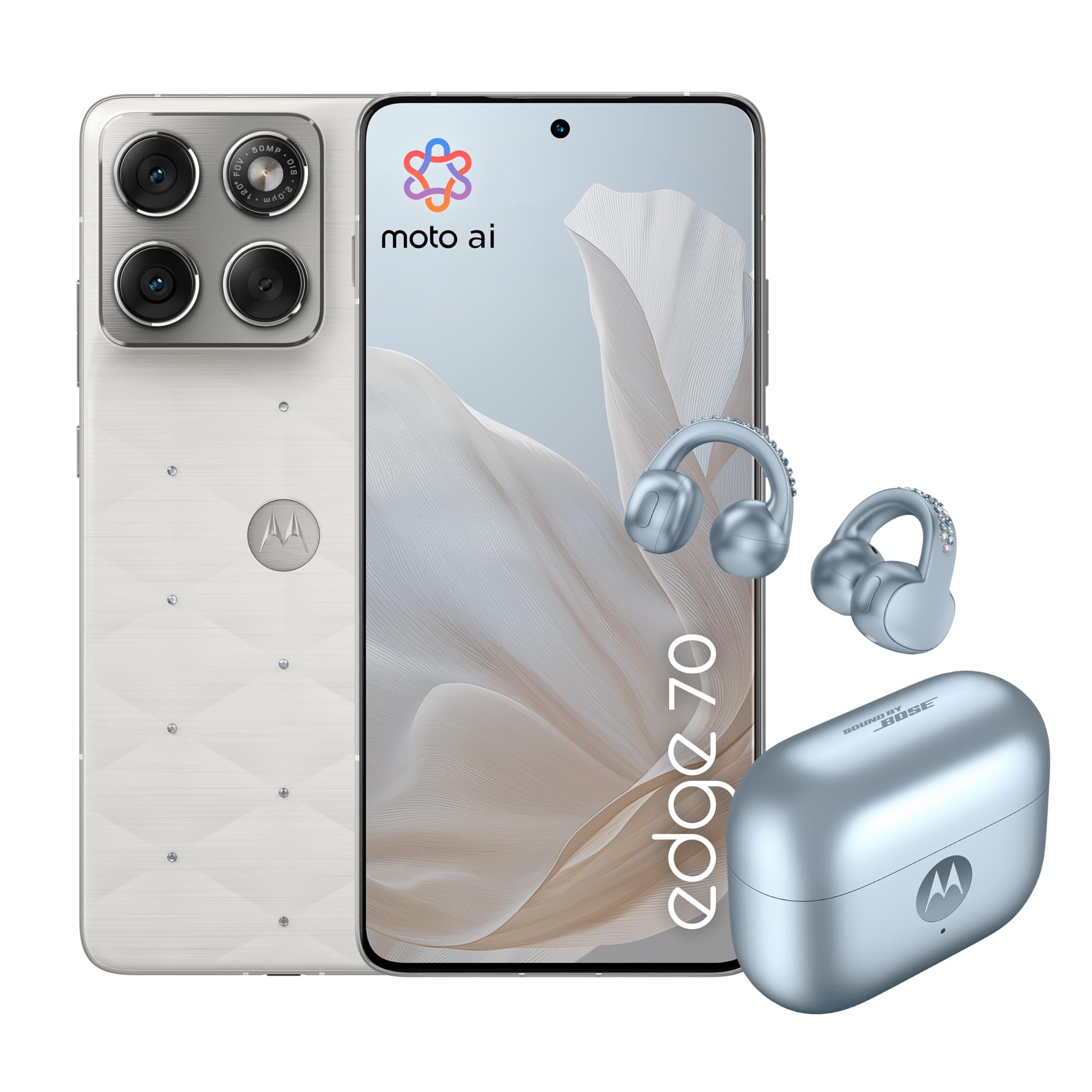 Motorola edge 70 e moto buds loop con crystals by Swarovski®(12/512GB, Doppia fotocamera 50MP+flicker cam, selfie 50MP, sottile 5.99mm, 4800mAh, Display 6.67" 120Hz, Android 16) PANTONE Cloud Dancer
