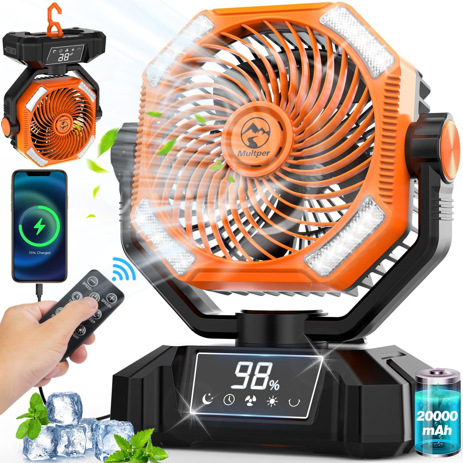 Multper 20000mAh Ventilateur de Camping, Ventilateur Portable Rechargeable 5 Vitesses, Ventilateur USB Silencieux avec Lumière LED, Télécommande et Crochet, Ventilateur de Bureau pour Maison Camping