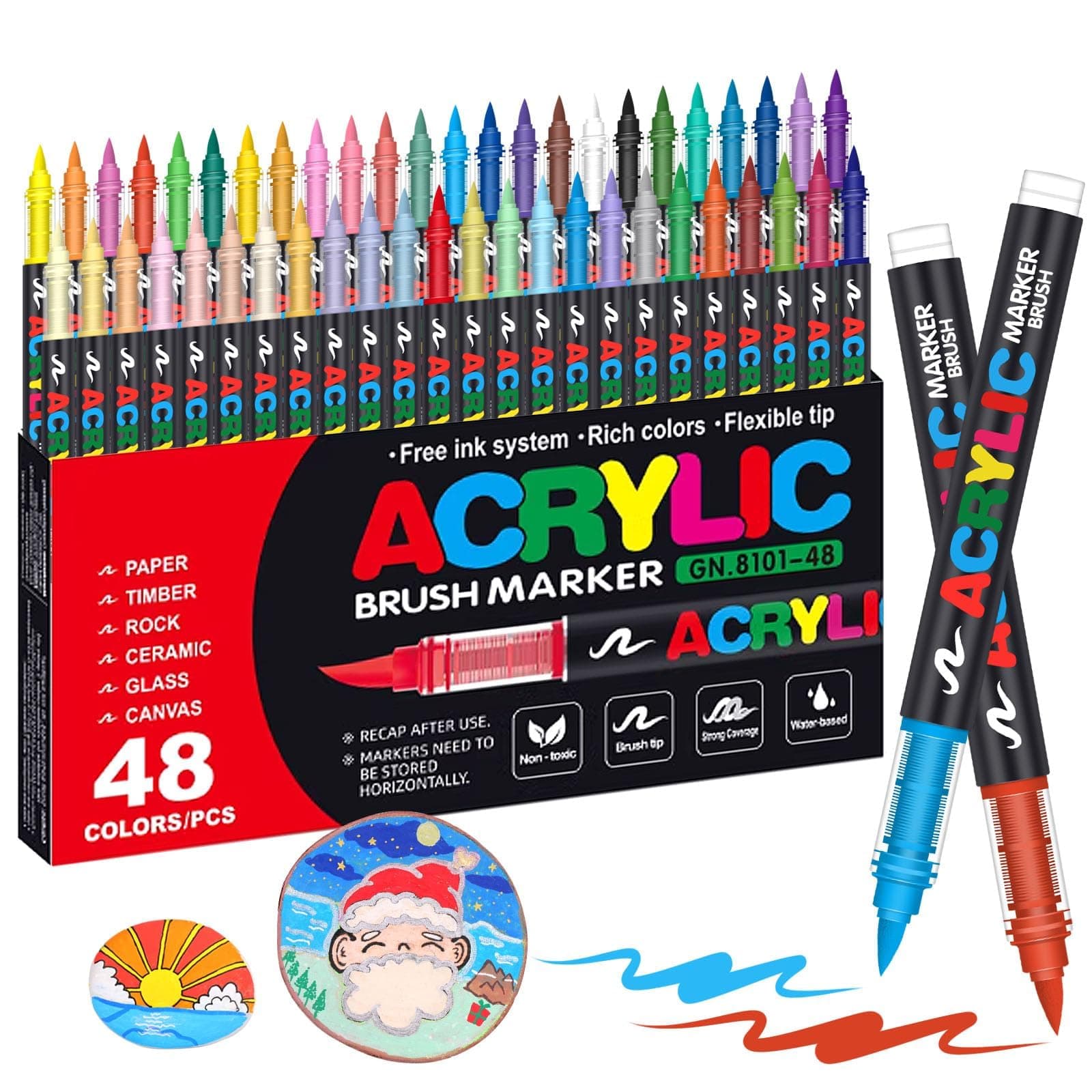 Laconile Juego de 48 rotuladores acrílicos de pintura acrílica para pintura de roca, cerámica, vidrio, piedra, tela de metal, bolígrafos de pintura acrílica a base de agua con punta de pincel flexible