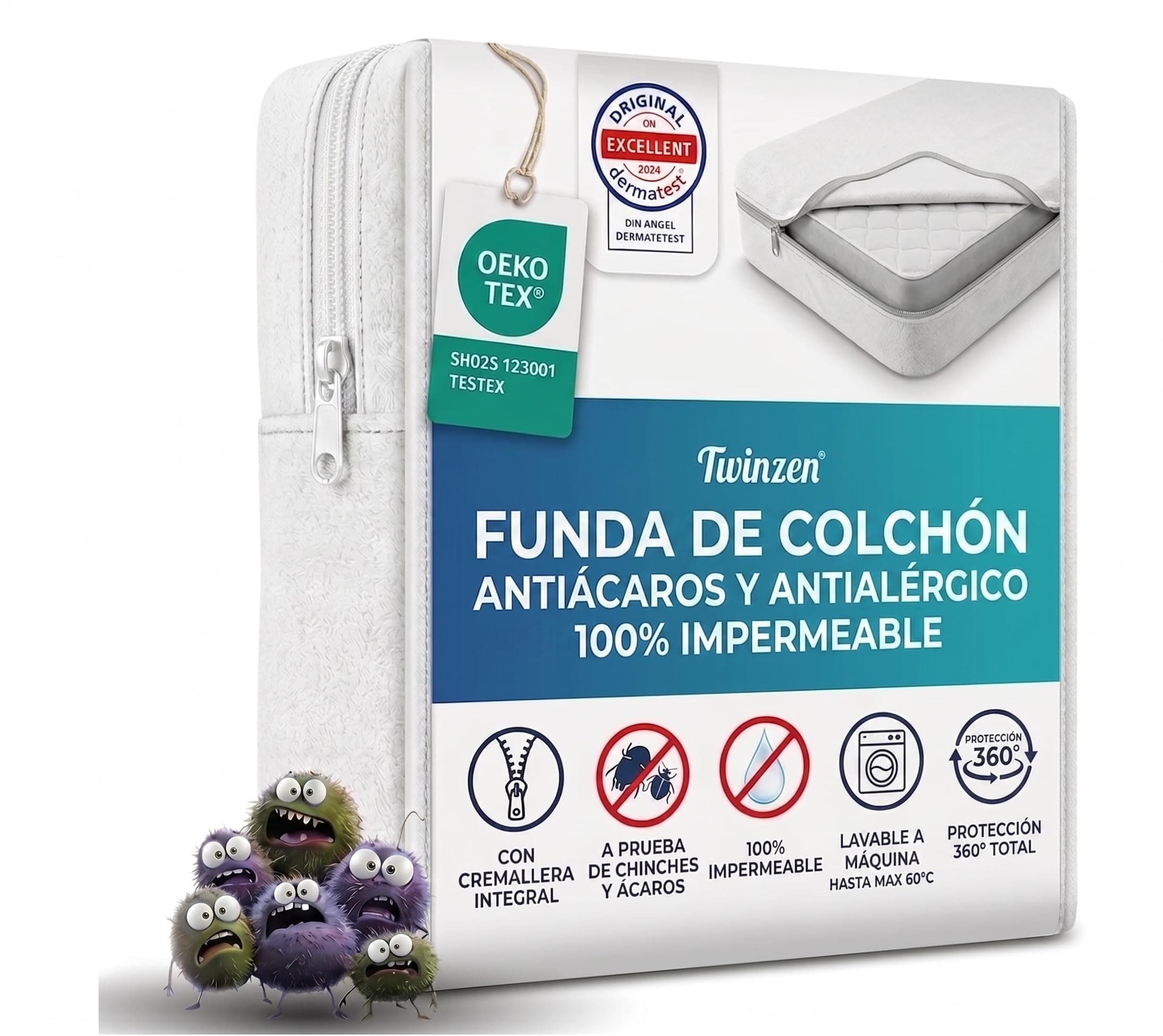 Twinzen - Funda Colchón 90x190 x25 cm - Impermeable Y Antiácaros - Cubre Colchón 90x190 x25cm Cremallera Completo para Protección Total - Bi-Ome & Oeko-Tex