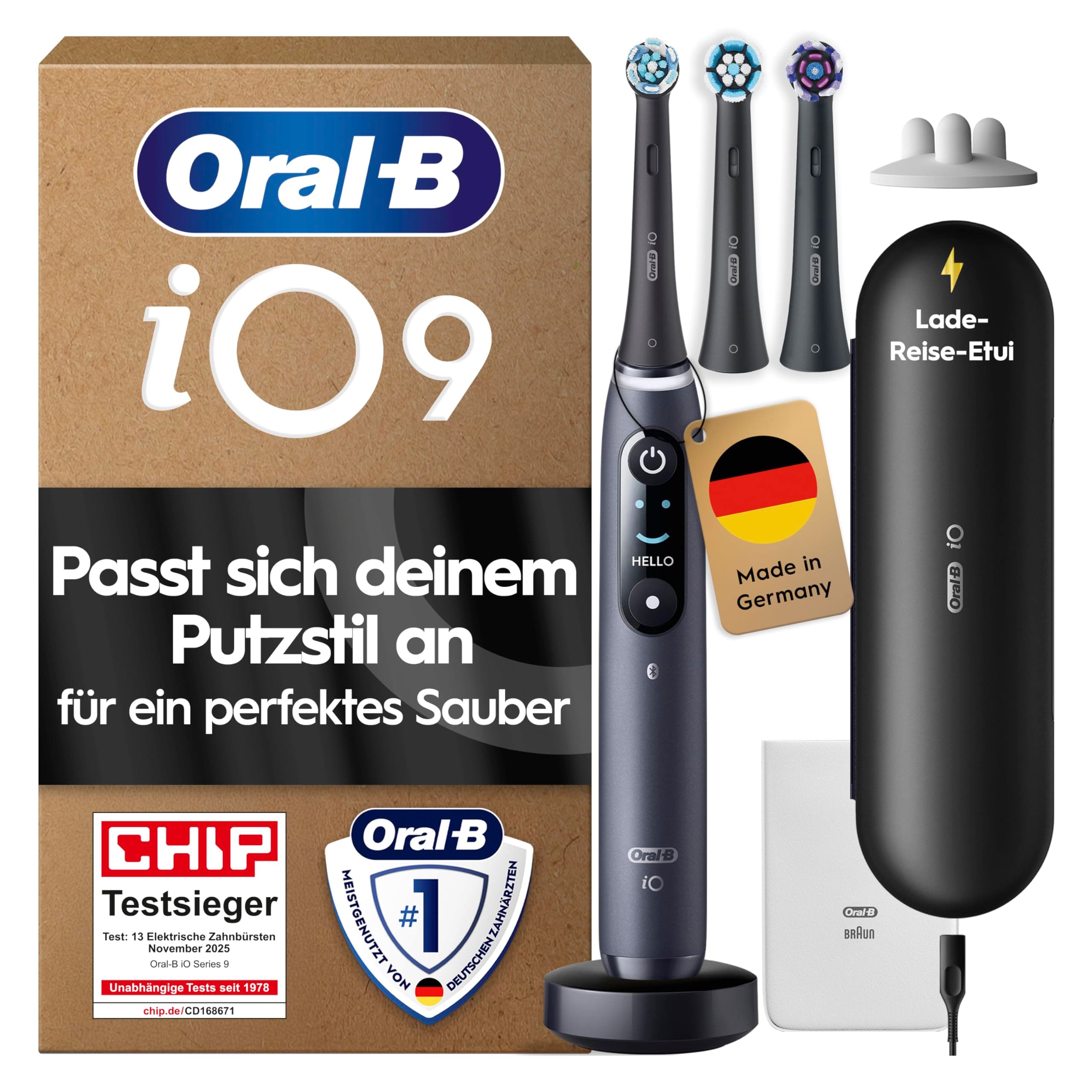 Oral-B iO Series 9 Elektrische Zahnbürste — Electric Toothbrush, Inkl. 3 Aufsteckbürsten — 7 Modi für Zahnpflege, CHIP Testsieger (11/25), Designed by Braun, Schwarz