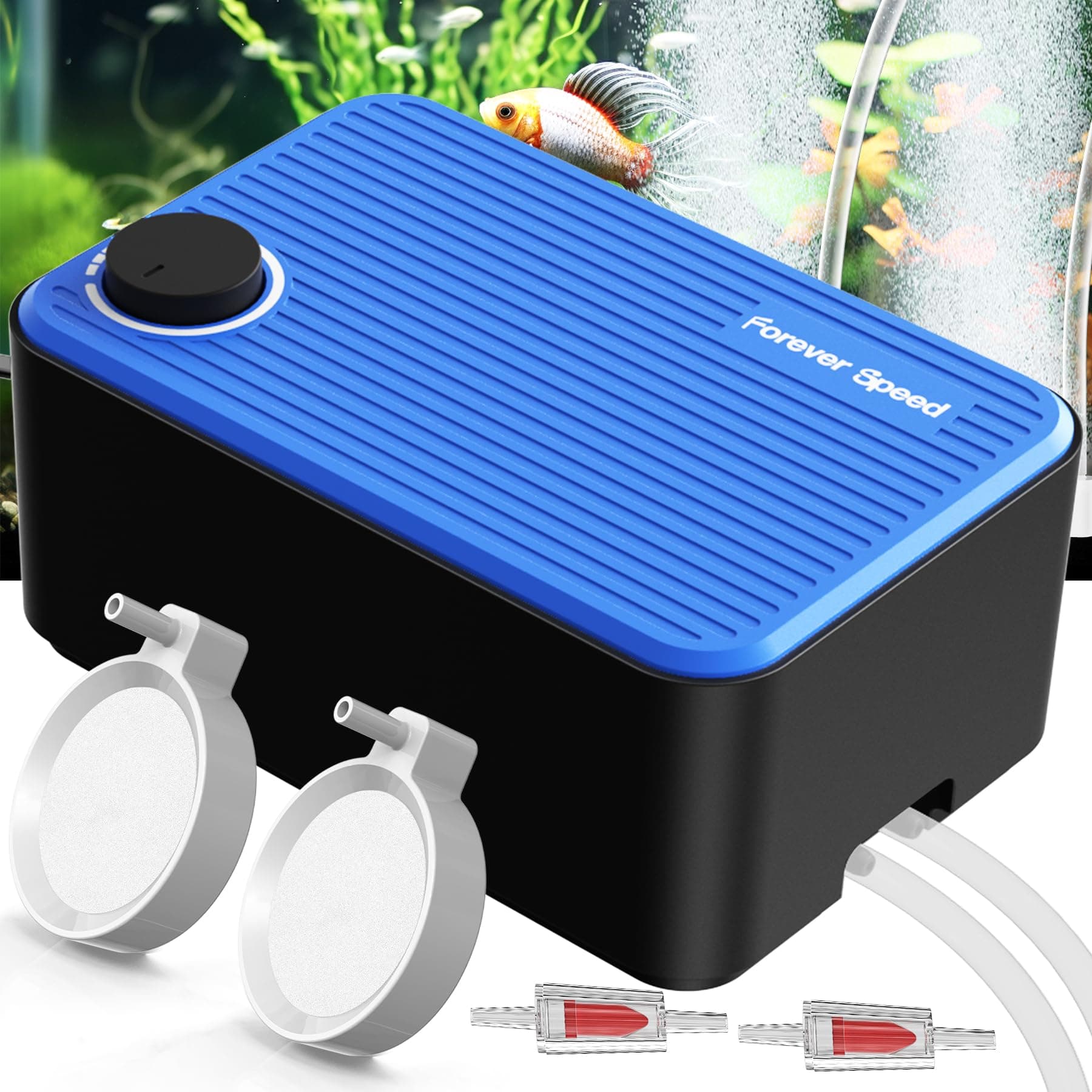 Forever Speed Bomba de Aire para Acuario Ultra Silencioso<40 dB, 5.5W Ajustable Oxigenador Acuario con Accesorios hasta 400L, Bomba Aire Acuario con 2 Tomas
