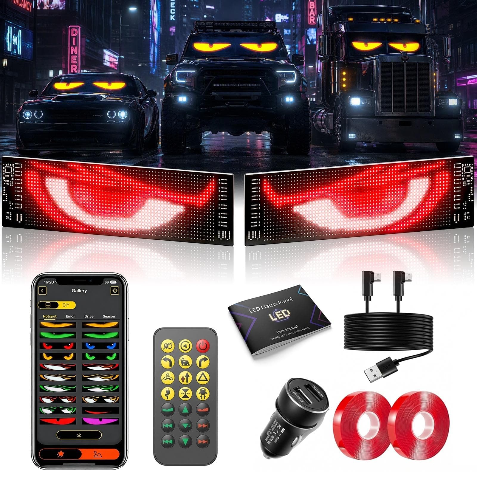 Lot de 2 Devil Eyes LED, App & Télécommande, 59.5x12cm | Affichage DIY Programmable, Texte Défilant Dynamique, Pour Camions et Voitures, Montage Facile