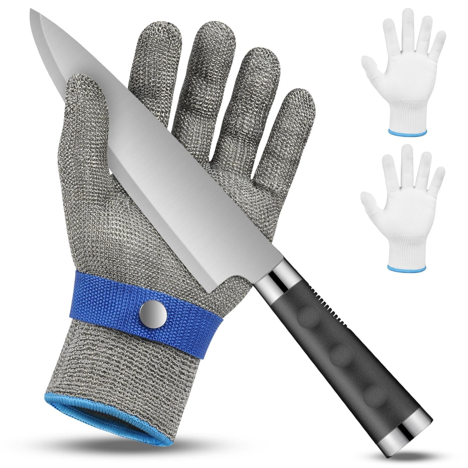 flintronic Guantes Anticorte Nivel 9, Guantes Trabajo Malla Acero, Guante Protección de Seguridad, Guante Carnicero, Viene Con 2 Manos de Nailon, para Descascarar Ostras, Tallar y Cortar Madera (M)