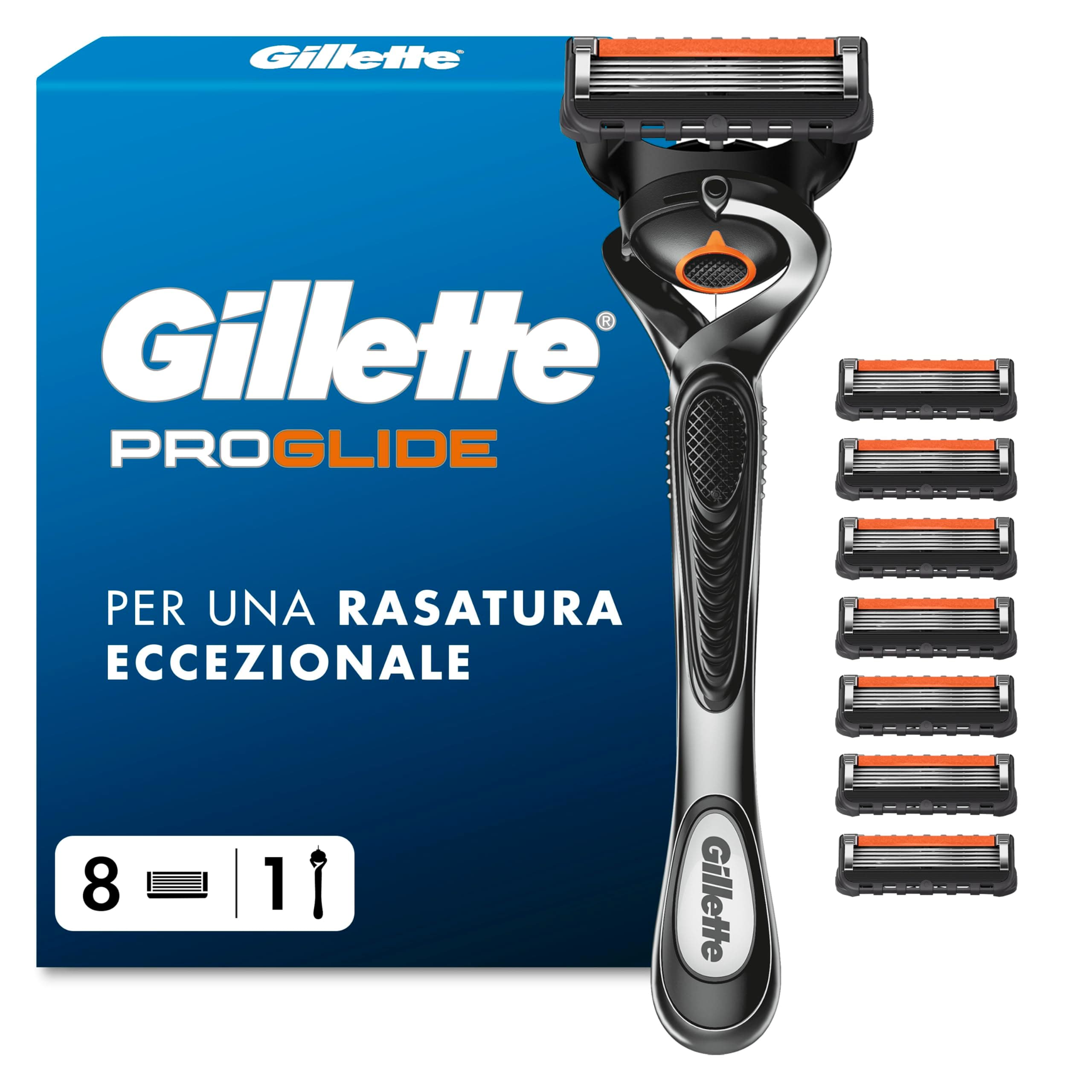 Gillette Proglide 1 Rasoio Barba Uomo e 8 Lamette di Ricambio con Doppia Lubrificazione Prima e Dopo le Lame, Nuova Lubrificazione Everglide per una Profondità e Comfort Incredibili, Lama Barba Uomo