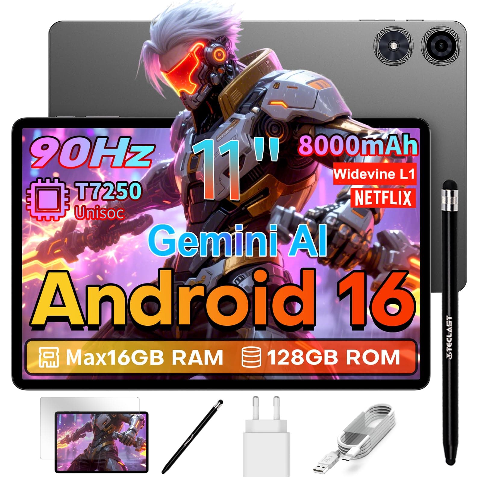 TECLAST P50T Android 16 Tablette 11 Pouces Gemini AI, Écran 90Hz, T7250 2GHz Octa Core, 8000mAh, 16Go RAM+128Go ROM(TF 5To), Widevine L1, 5G WiFi 6, GPS/13MP/OTG/GMS, 2026 Tablette Tactile avec Stylet