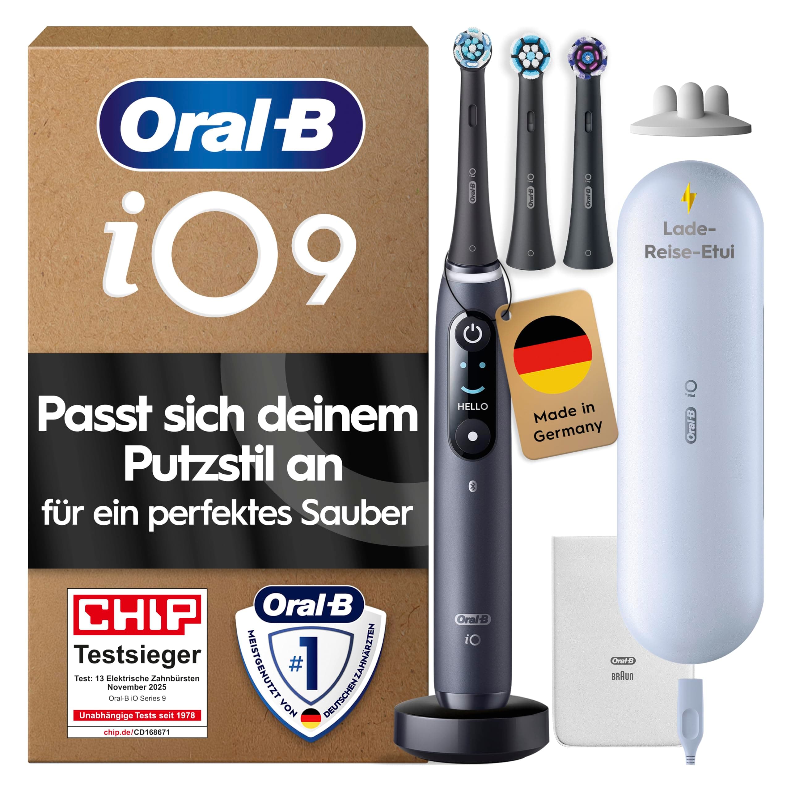 Oral-B iO Series 9 Elektrische Zahnbürste, Schwarz | Inkl. 3 Aufsteckbürsten, Lade-Reise-Etui, CHIP Testsieger (11/25), Electric Toothbrush mit 7 Modi Für Zahnpflege