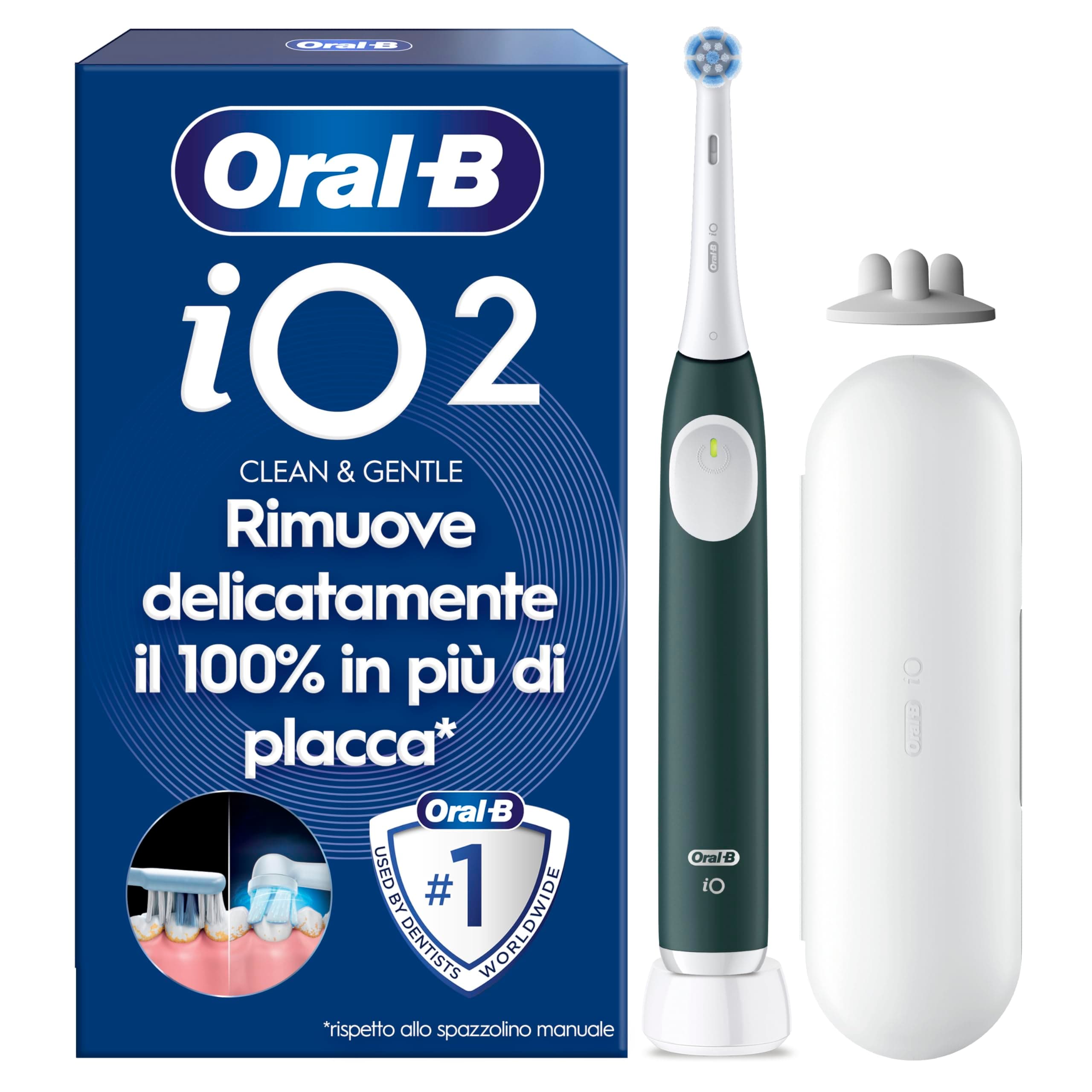 Oral-B iO 2 Spazzolino Elettrico Ricaricabile, con 1 Testina di Ricambio, Verde - 1 Testine di Ricambio per Spazzolino Elettrico, Delicato sulle Gengive, Pulizia Denti Efficace, Custodia da Viaggio | Spazzolino da denti con 3 modalità di spazzolatura, sensore di pressione, timer, custodia da viaggio, batteria a lunga durata