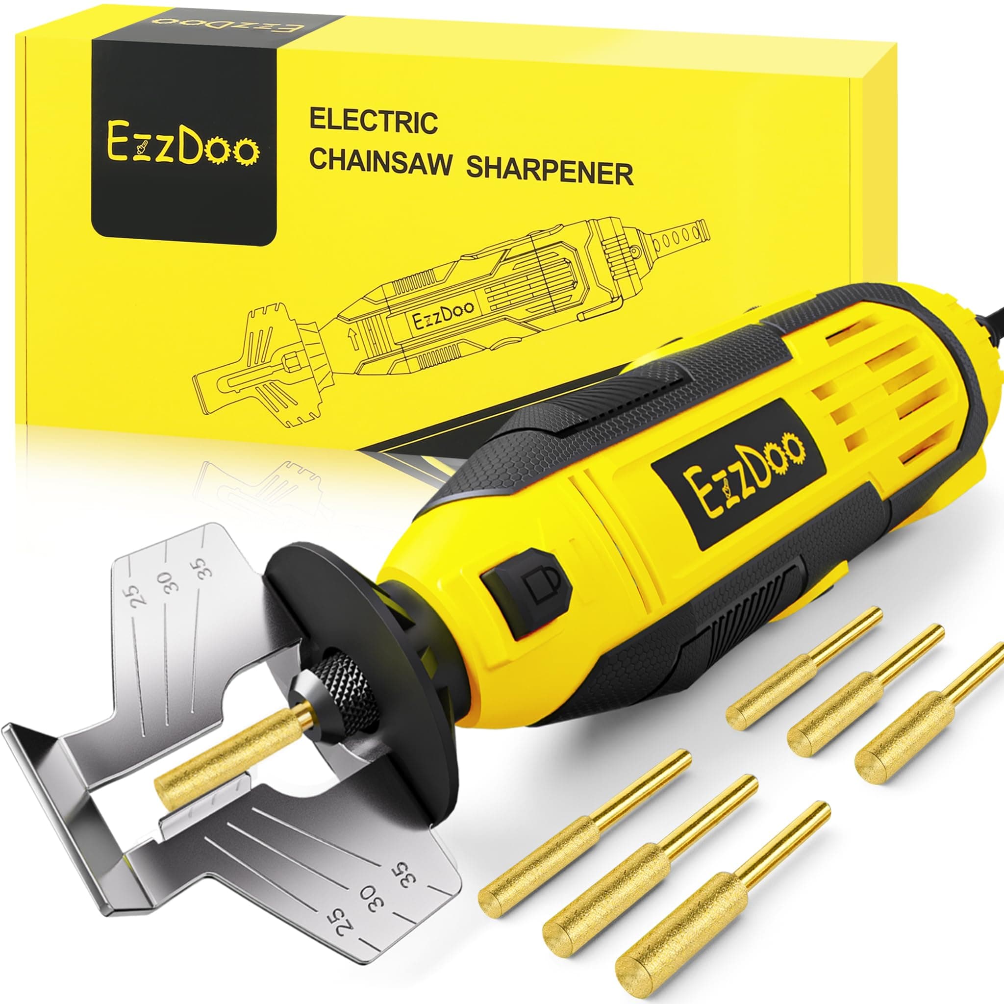 EzzDoo Kit Affûteuse Tronçonneuse Électrique avec Embouts Diamantés Revêtement Titane Outil Affûteuse Tronçonneuse Haute Vitesse et 6 Roues Affûtage Haute Dureté pour Toutes Chaînes de Tronçonneuse