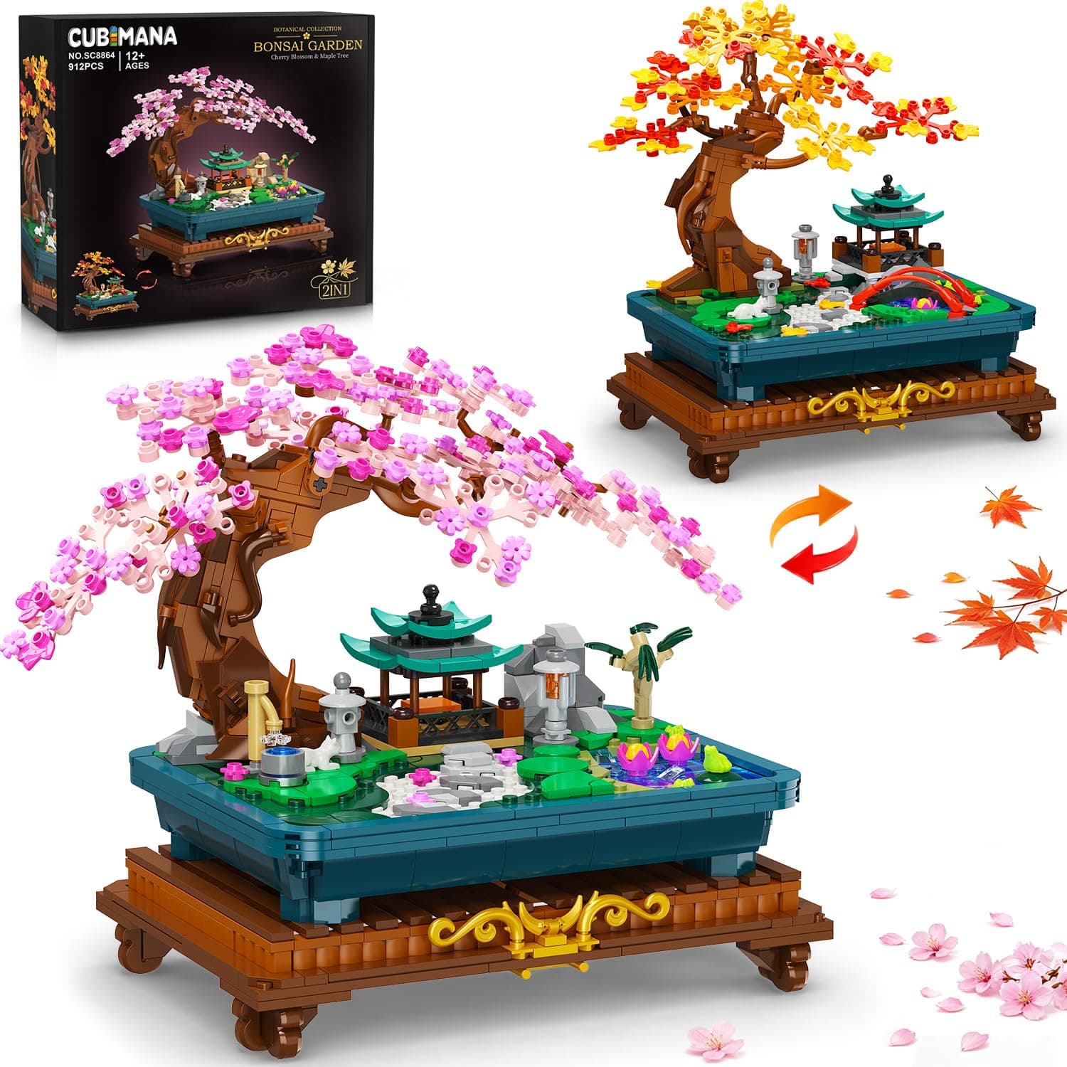CUBIMANA Bonsaï Japonais 2-en-1, kit de Construction pour Adultes avec LED | 912 pièces, cerisier et érable en blocs, collection botanique, jardin zen japonais avec bassin, cadeau pour fans de plantes