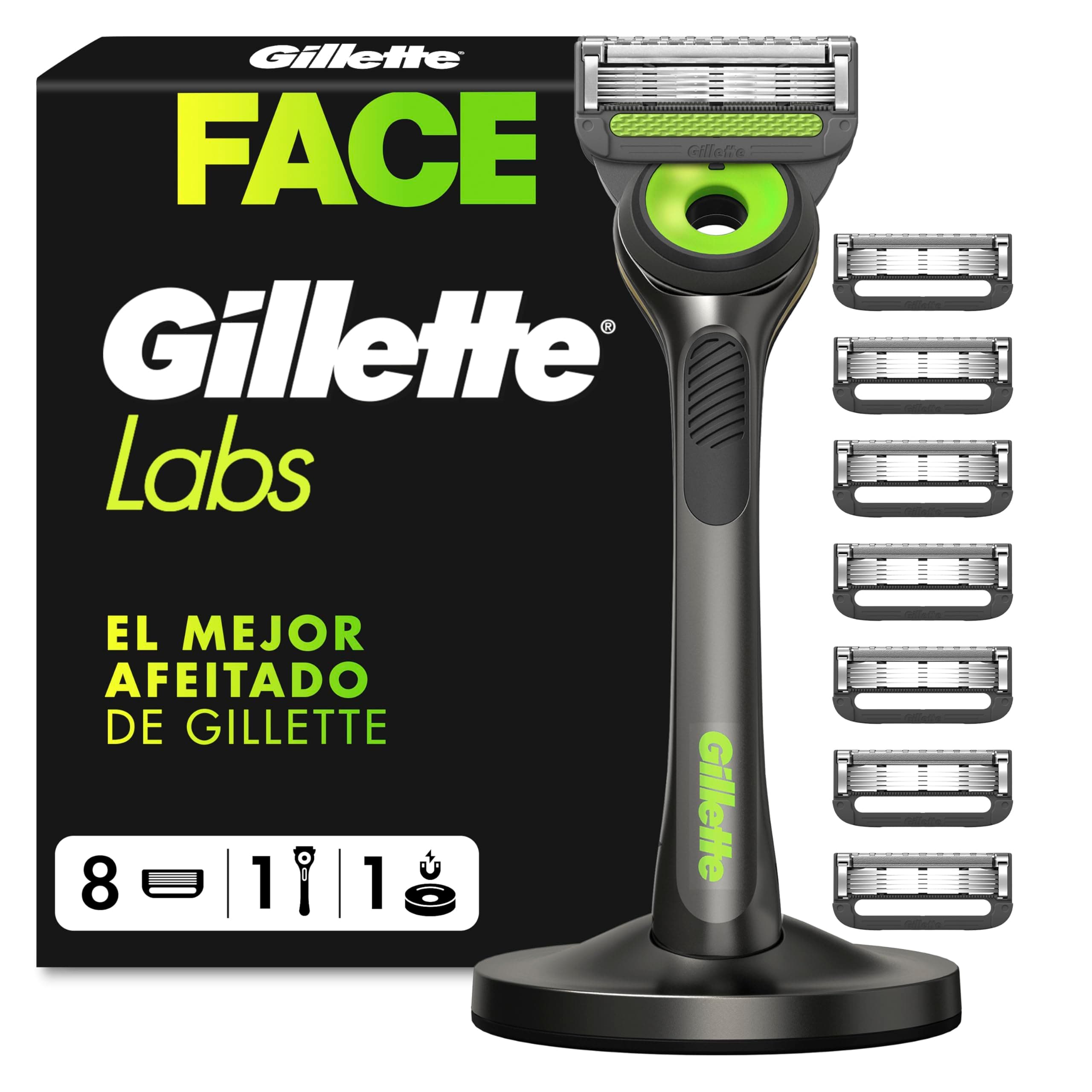 GilletteLabs Maquinilla de Afeitar Neon Night Edition con Recambios, 1 Mango de Metal con Barra Exfoliante Integrada, 8 Cuchillas con Banda Lubricante, 1 Soporte Magnético
