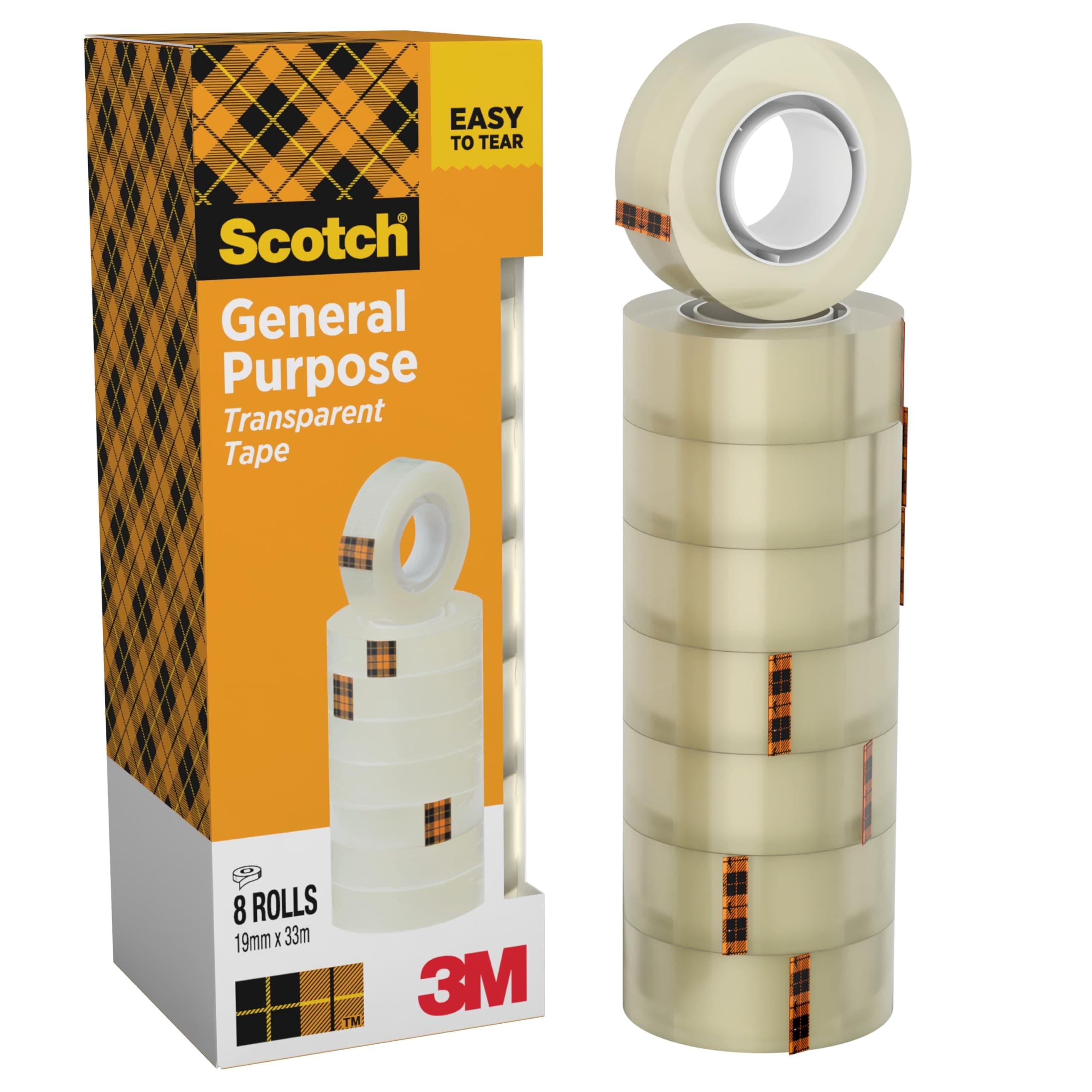 Scotch Ruban Adhésif Transparent, 8 Rouleaux, 19mm x 33m - Ruban Adhésif Transparent à Usage Général pour l'Ecole, la Maison et le Bureau (l'emballage peut varier)