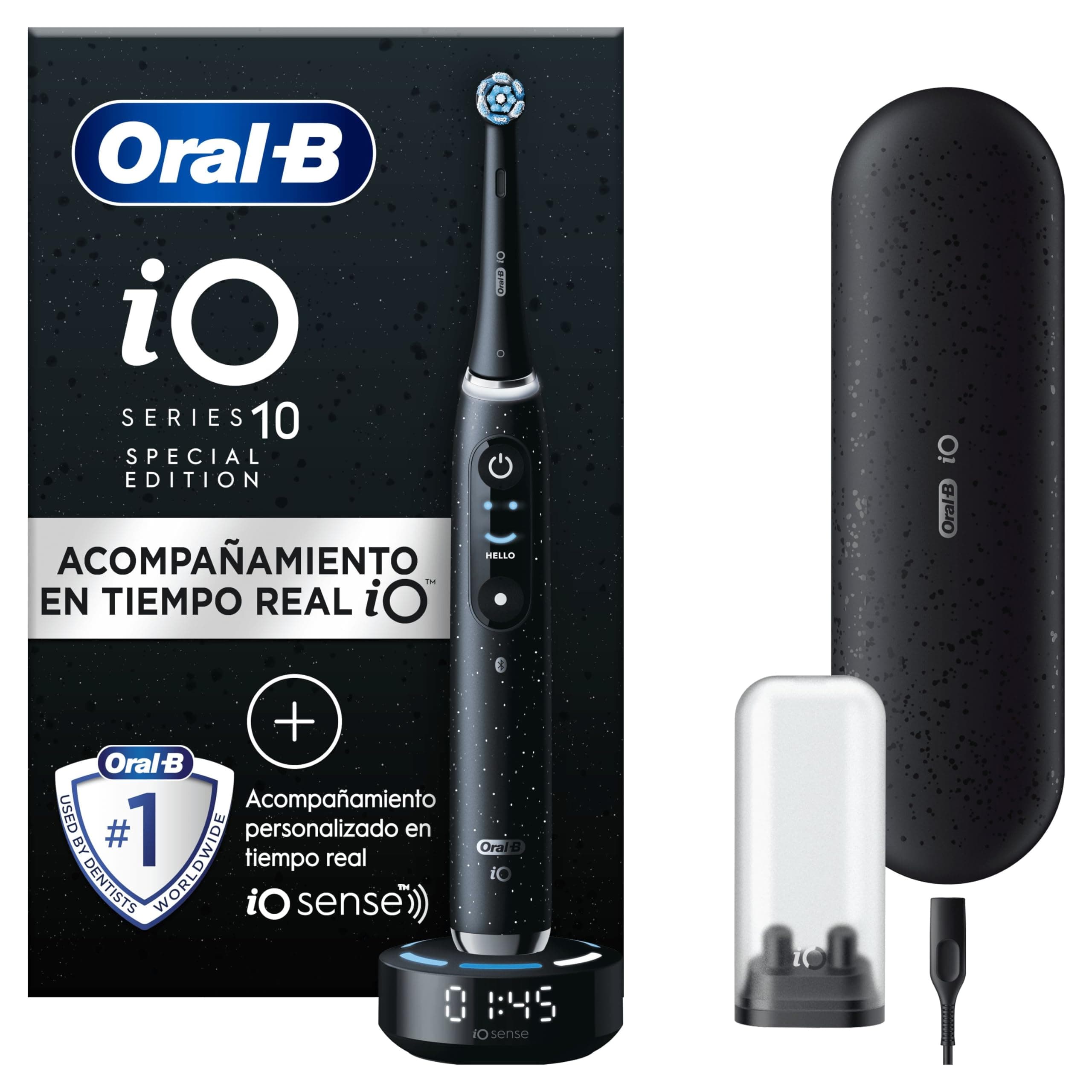 Oral-B iO 10 Cepillo de Dientes Eléctrico con 1 Cabezal, Negro - Cepillo Dental con 7 Modos de Cepillado, Sensor de Presión Y Carga Rápida, Estuche Cargador de Viaje, Diseñado por Braun