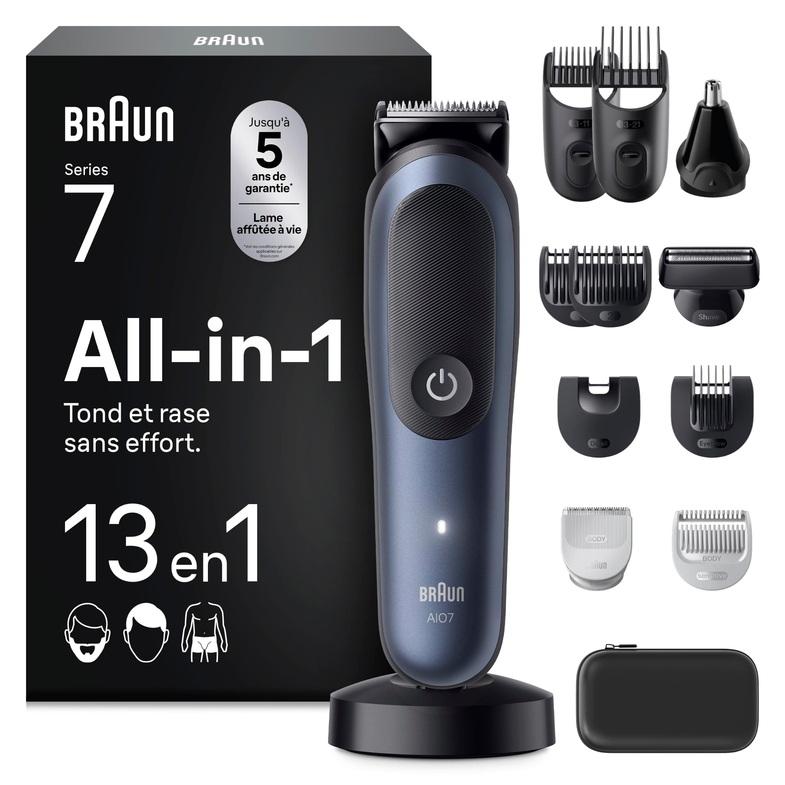 Braun Tondeuse Electrique Homme, Tout-en-Un Series 7 AIO7565 13-en-1, Bleue – Etanche, Batterie Rechargeable, Lame Ultra Affutée, Coffret avec 7 Sabots, 3 Accessoires, Etui, Emballage Carton