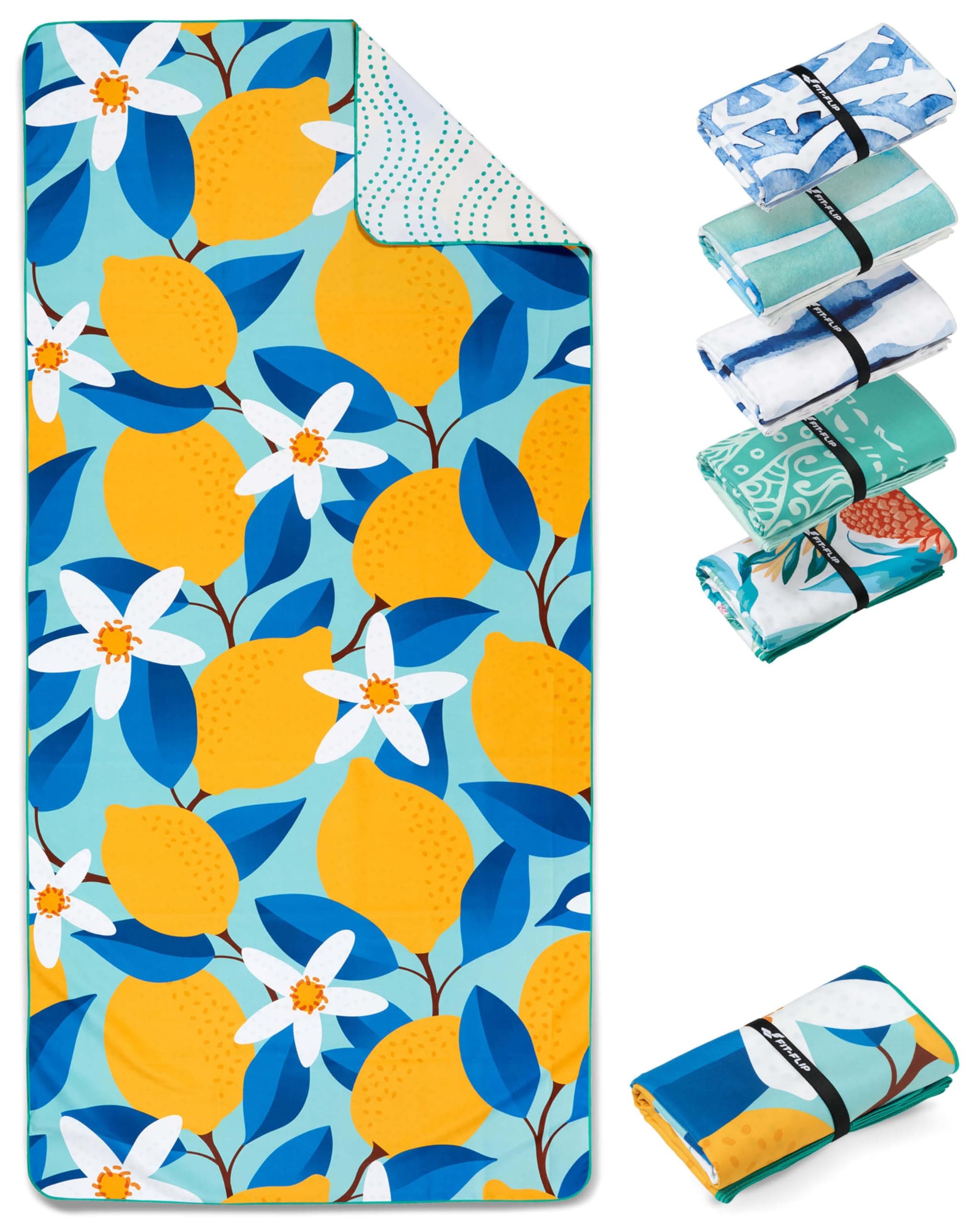 Fit-Flip Strandtuch XXL Mikrofaser leicht und schnelltrocknend | Lemon Flowers 160x90cm, Strandhandtuch, 100% recycelt, Badetuch groß, Reisehandtuch