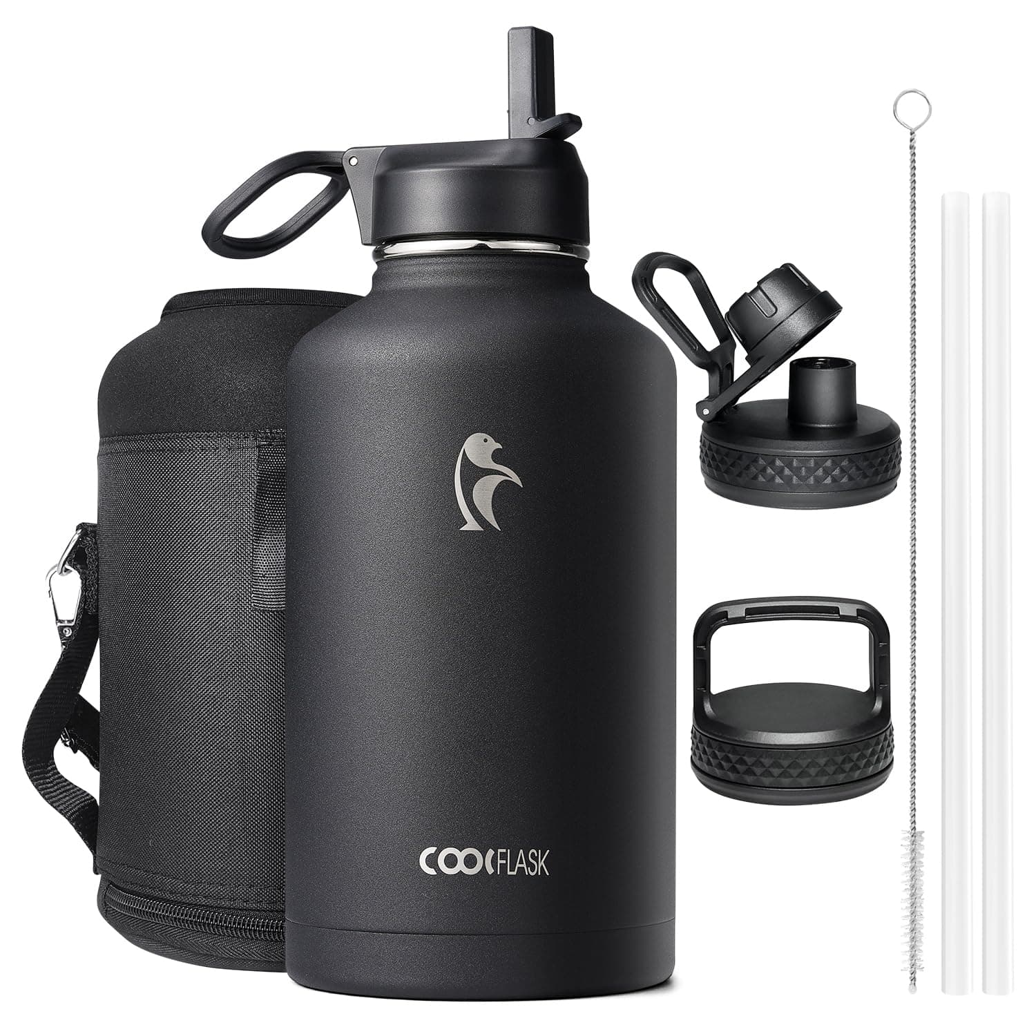 Coolflask Bottiglia D'acqua Isolata 2L con Cannuccia e 3 Coperchi - Doppia Parete Sottovuoto a Prova di Perdite per Freddo e Caldo, Nero