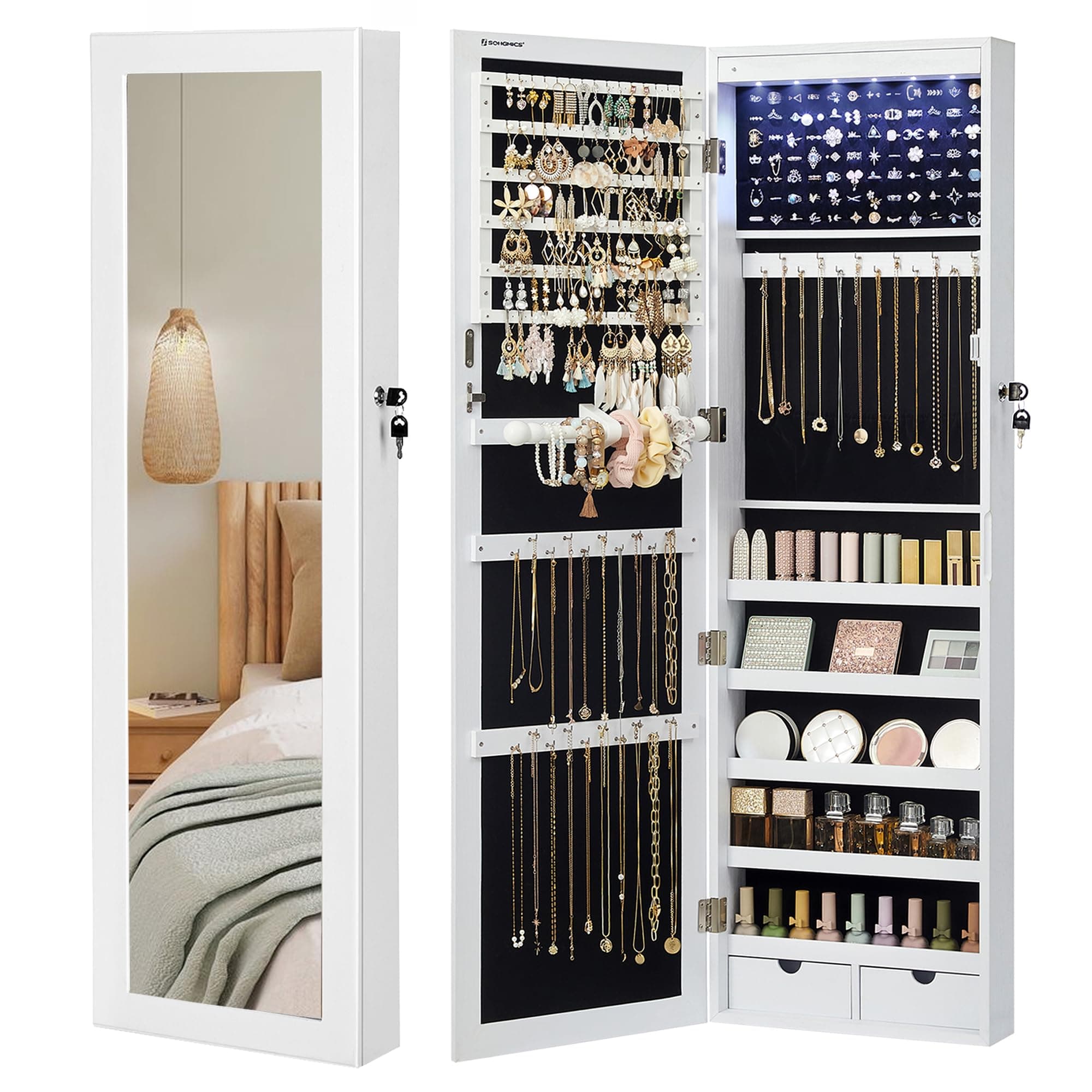 SONGMICS Specchio Portagioie con 6 Luci a LED, Alto 120 cm, Armadietto Portagioie da Parete o Porta con Chiusura e Specchio, 2 Cassetti, 10 x 37 x 120 cm, Bianco e Nero JBC93W