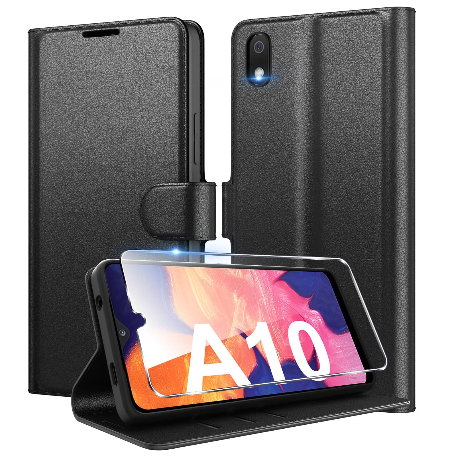 Eirltiy Coque pour Samsung Galaxy A10 en Premium Cuir PU, Portefeuille Housse Etui pour Cartes Protection Anti-Choc Flip Case avec 1 Verre Trempé Noir