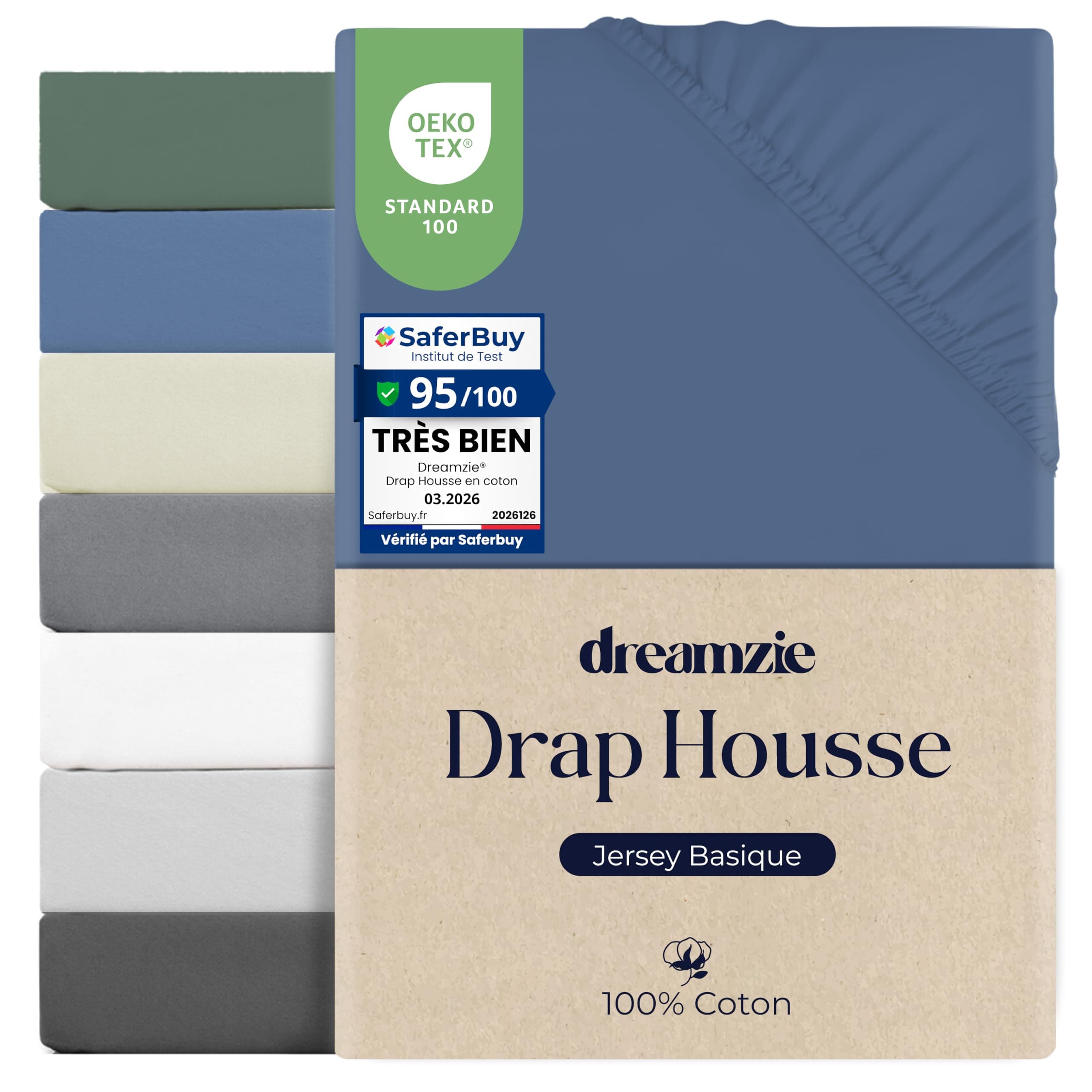 Dreamzie Drap Housse 80x190/200 Coton, Jersey Extensible, Bonnet 15 cm, Adapté aux Matelas Jusqu’à 12 cm, Certifié Oeko-Tex, Hypoallergénique - Bleu