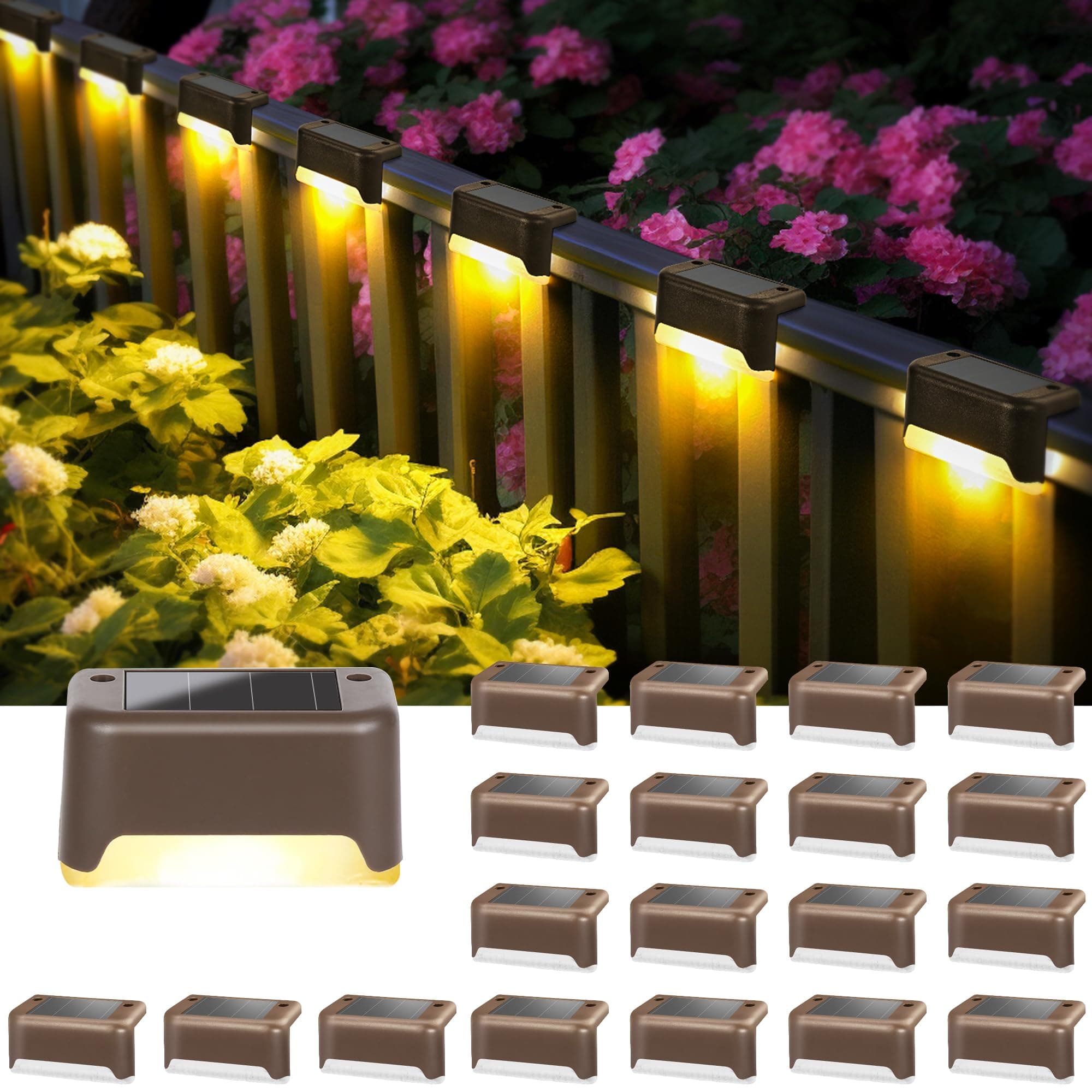 Solpex Paquete de 20 luces solares impermeables para escaleras al aire libre, escalón, valla, patio, y camino (marrón, blanco cálido)