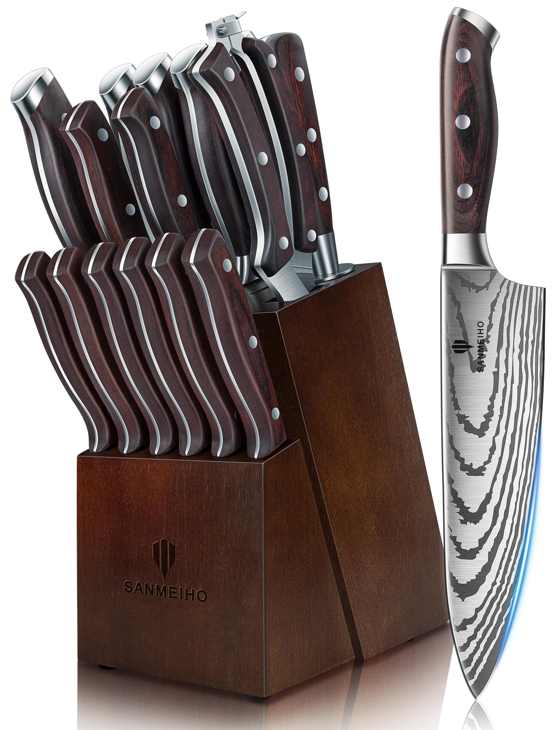 SANMEIHO Ensemble de Couteaux, 16 PCS Ensemble de Couteaux de Cuisine en Acier Inoxydable Allemand pour la Cuisine avec Bloc, Set de Couteaux de Chef Professionnel Ultra-tranchant avec Aiguiseur