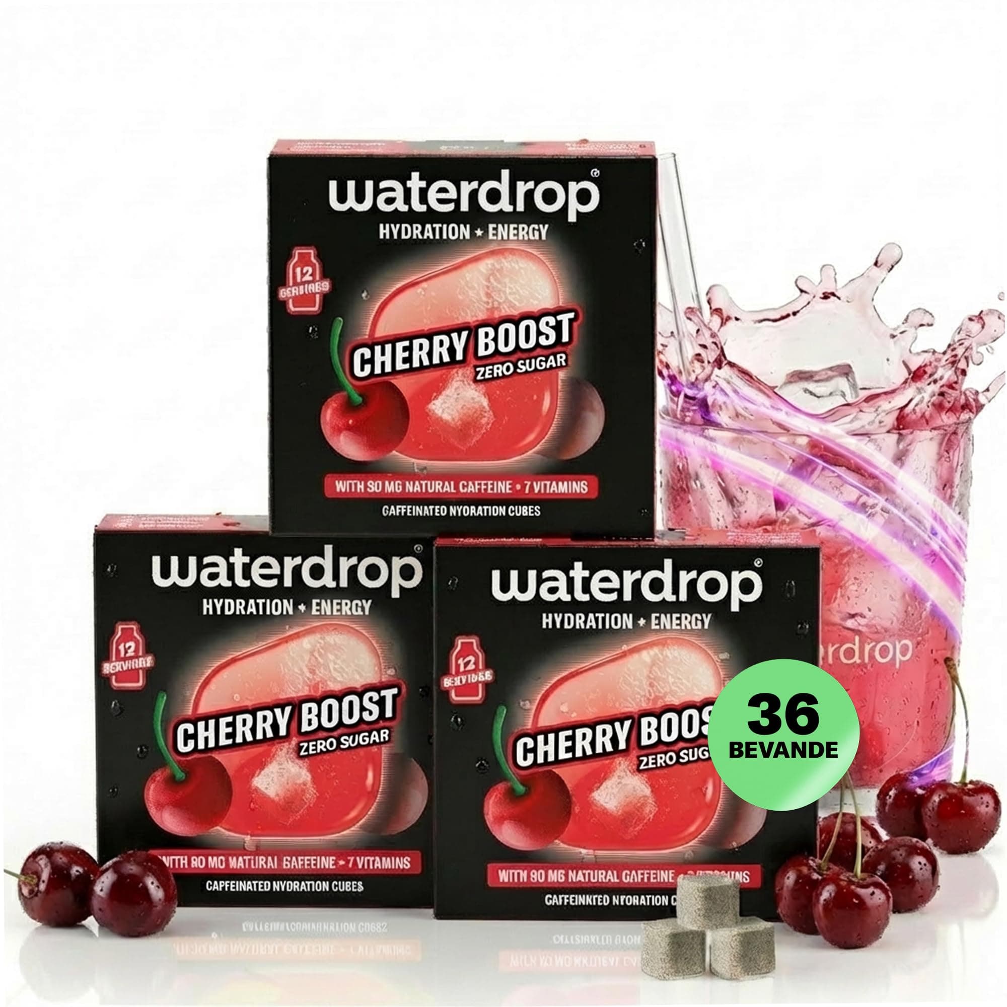 waterdrop® Microenergy Ciliegia - 36 waterdrop cubetti per acqua - 90mg di Caffeina naturale e Vitamina - Zero Zuccheri e poche Calorie - Alternativa a Energy Drink - acqua aromatizzata alla ciliegia