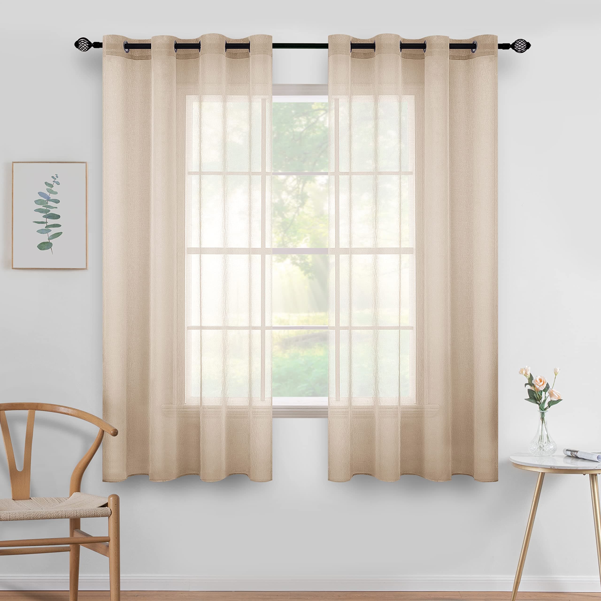 MIULEE Sheer Voile Vorhang mit Ösen Transparente Gardine Ösenvorhang Ösenschal Transparent Durchsichtig Luftig Dekoschal für Schlafzimmer Wohnzimmer 140x175cm (B x H) 2er Set Khaki