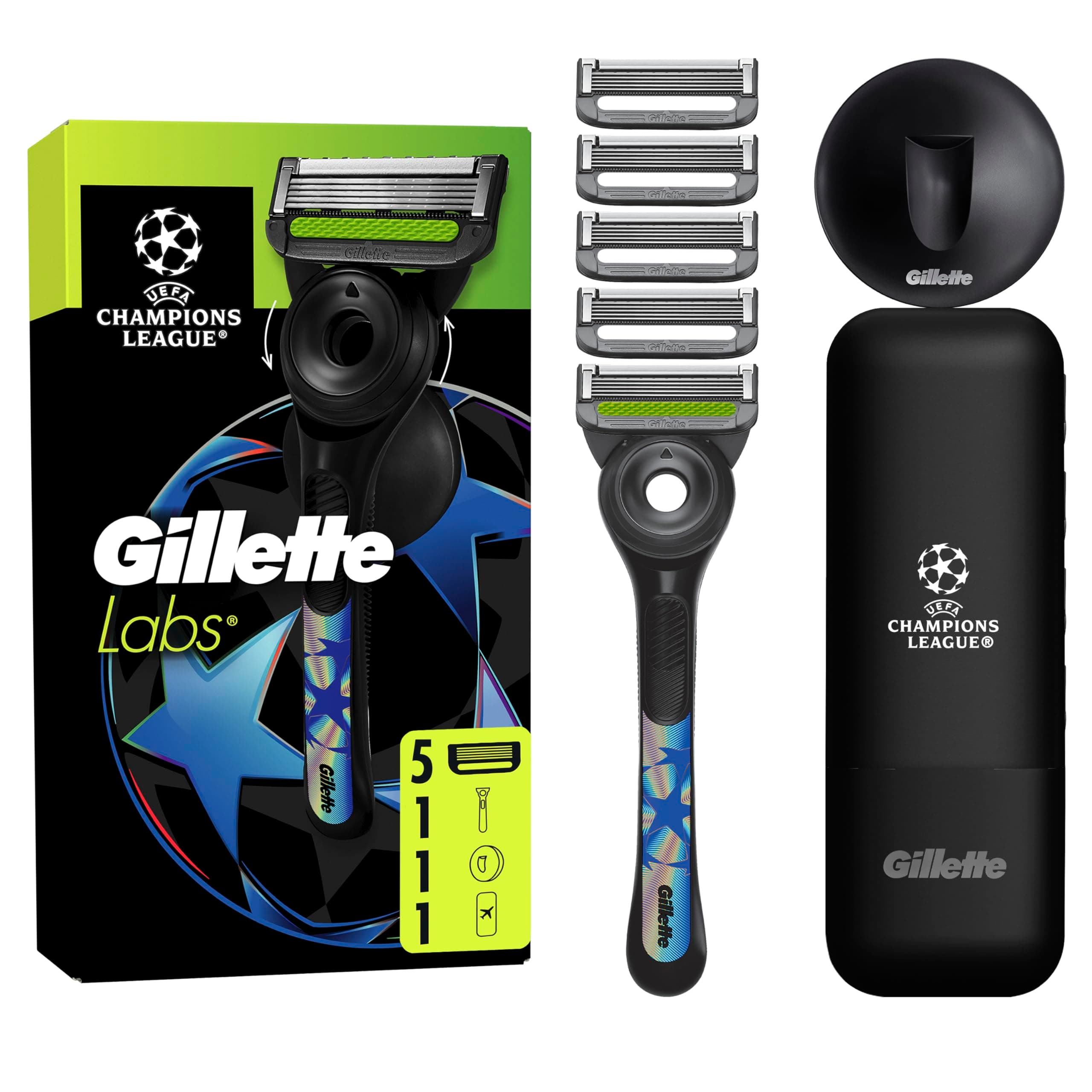 Gillette UEFA Champions League Special Edition GilletteLabs Rasoio A Mano Libera Con Barra Esfoliante Champion Gold Edition, 1 Manico + 5 Lamette Di Ricambio, Gancio Da Parete E Custodia Da Viaggio