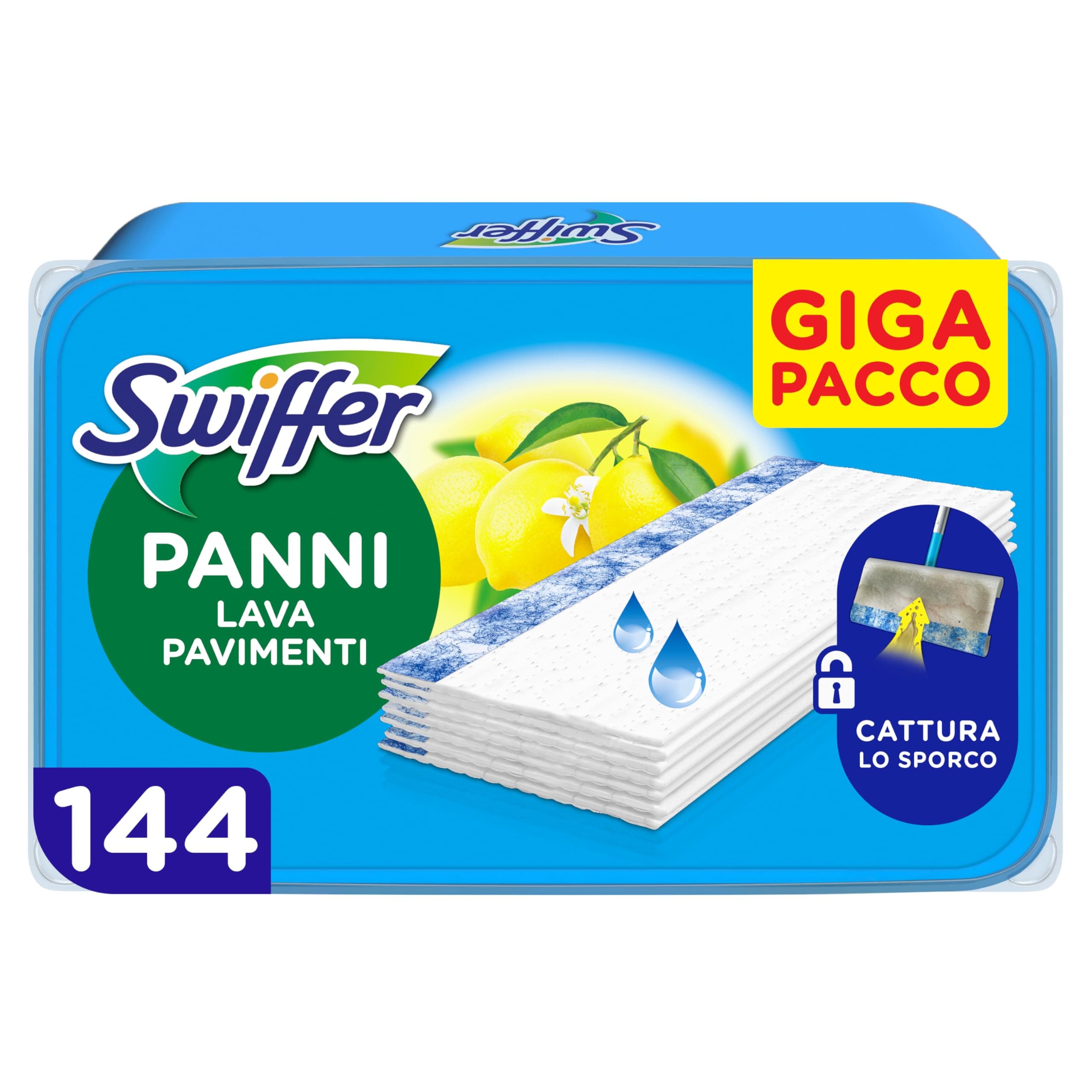 Swiffer Wet Lavapavimenti, 144 Panni Umidi, Limone, Maxi Formato, Lava Pavimenti, Pulizia Igienica Profonda, Rimuove Sporco e Batteri, per Tutti I Tipi di Pavimenti