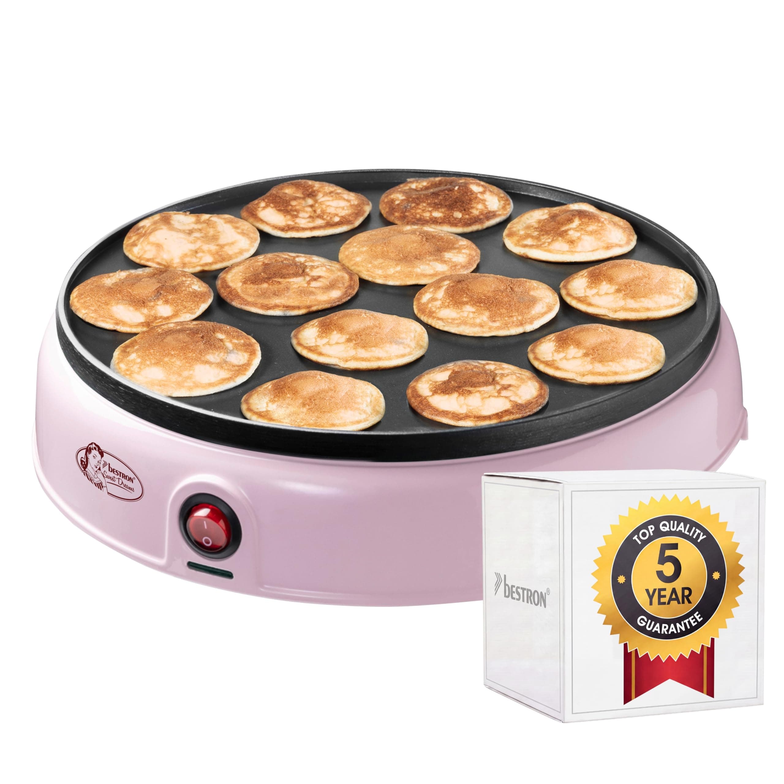 Bestron Poffertjes Maker in Retro Design, Mini Pancake Maker, con revestimiento antiadherente, Sweet Dreams, 800 W, Color: Rosa