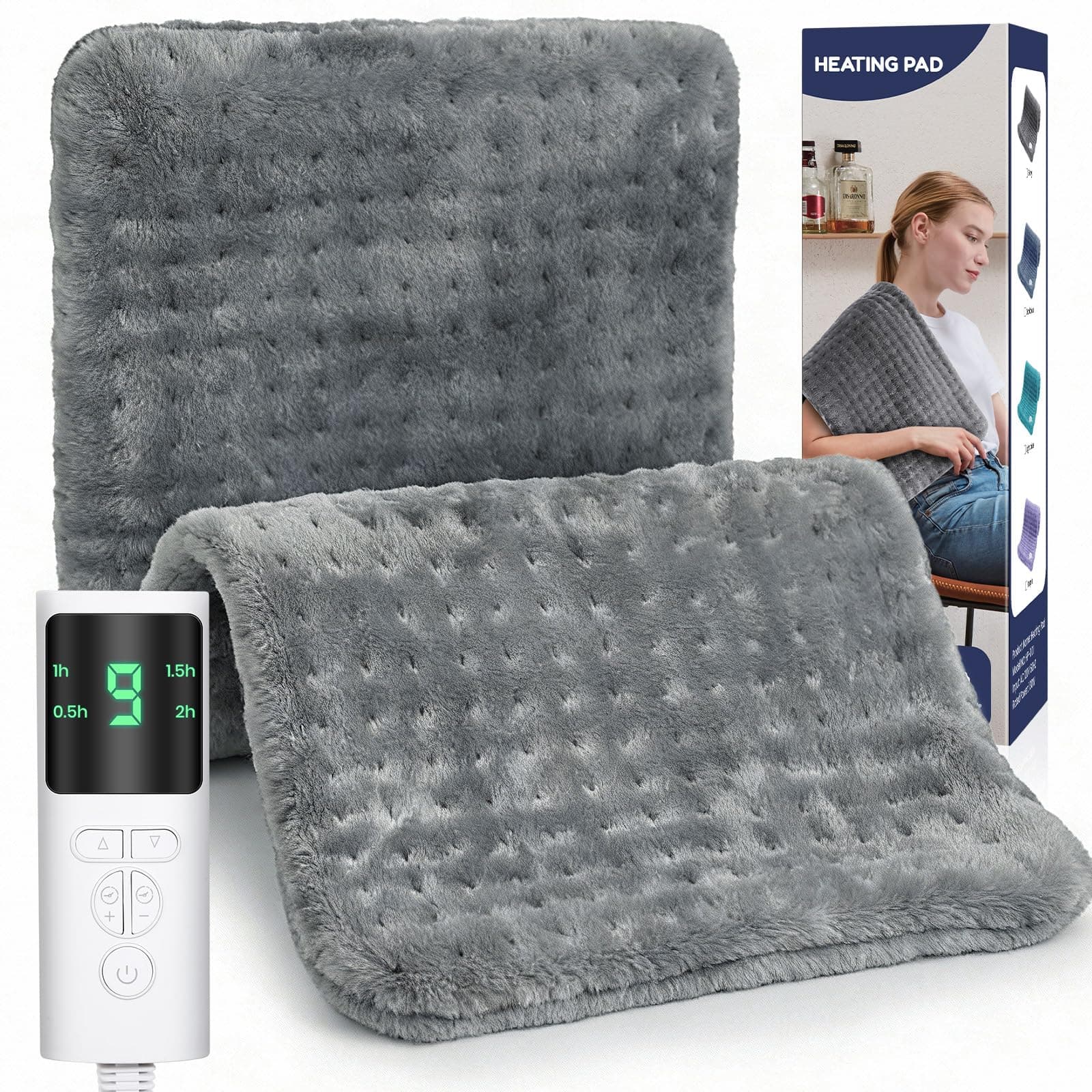 Manta Electrica, Manta Electrica Lumbar, 9 Temperaturas y 4 Temporizadores | Lavable a Máquina, Portátil Esterilla Electrica de Franela Suave para Espalda, Cuello, Hombro, Abdomen, Regalos, 30X60cm-Gris