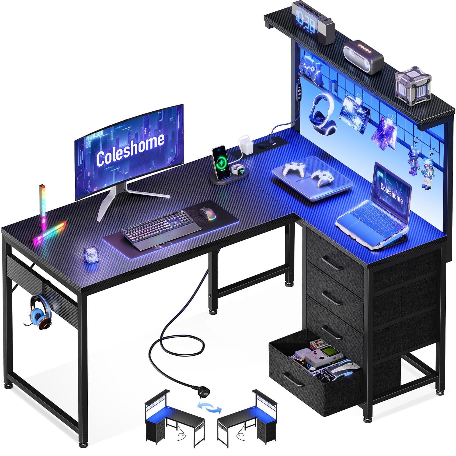 Coleshome Escritorio Gaming en L con 4 Cajones, 130×100 cm Escritorio Gamer con LED y Enchufes, Escritorio Esquinero Mesa Gaming con Estanteria para Juegos Oficina en Casa, Fibra de Carbono Negra