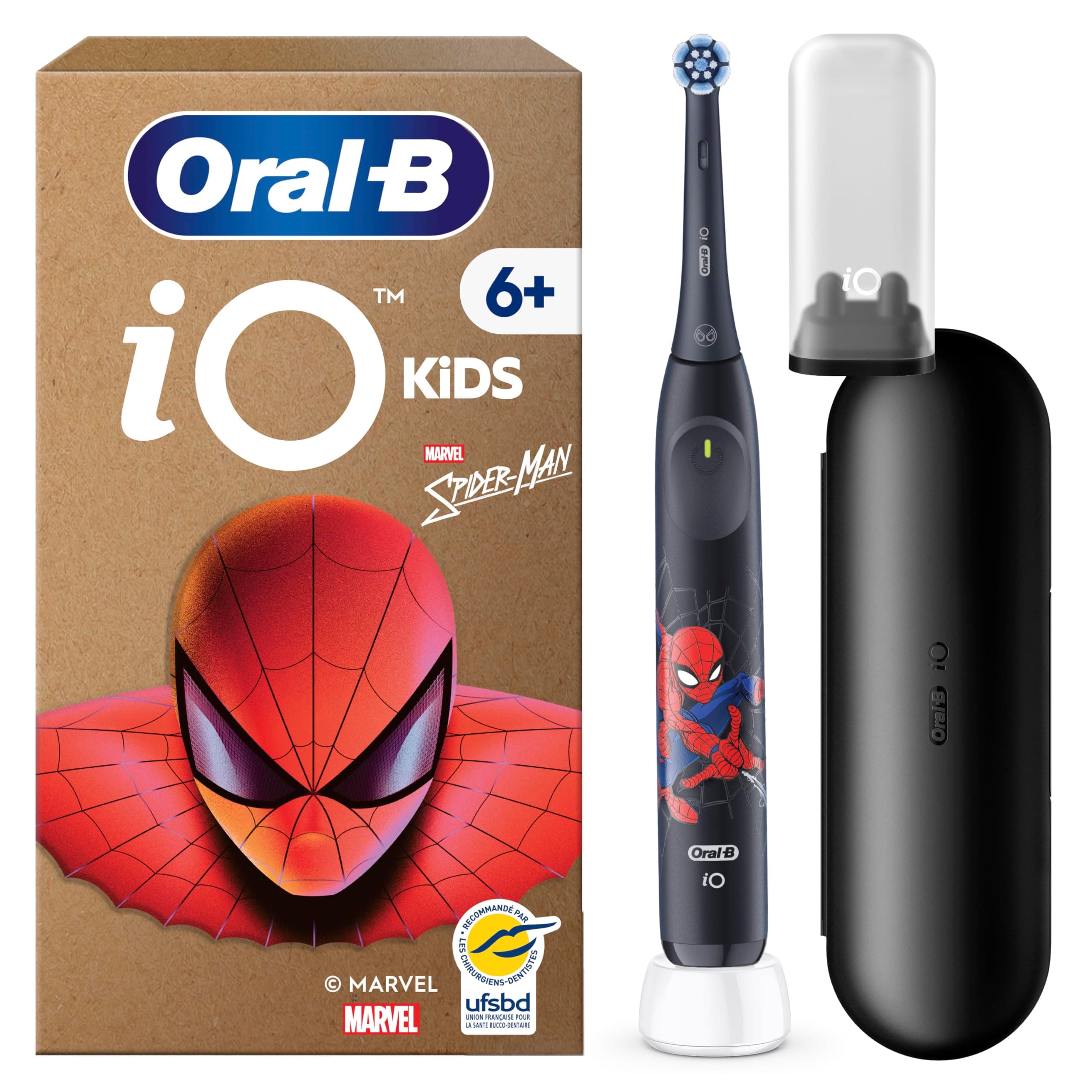 Oral-B Brosse à Dents Electrique iO Kids, Brossette, Motif Spider-Man, Noire – 3 Modes de Brossage en Douceur pour Enfants de 6 Ans, Minuteur Musical, Embout Rond de Rechange, Etui, en Carton